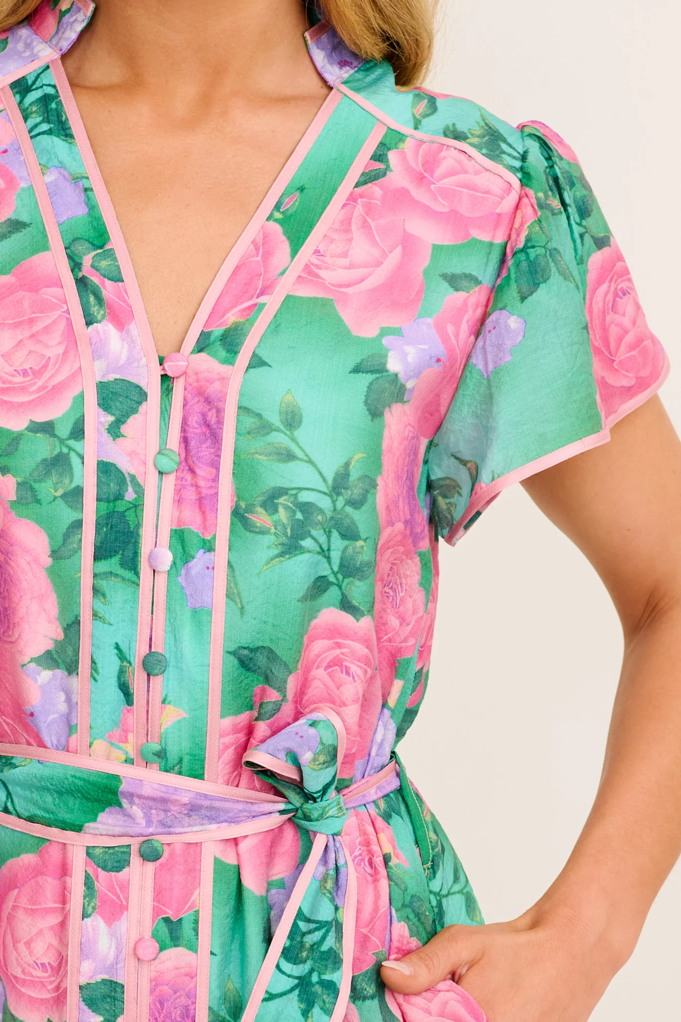 Social Hour Midi Dress in Green Multi Floral Cotton Blend - Image 5