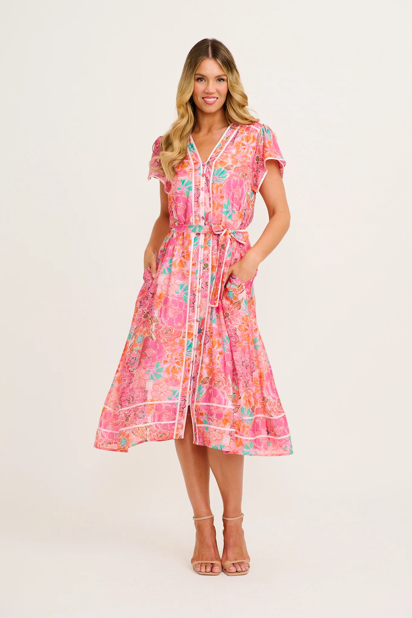 Social Hour Midi Dress in Pink Floral Cotton Blend