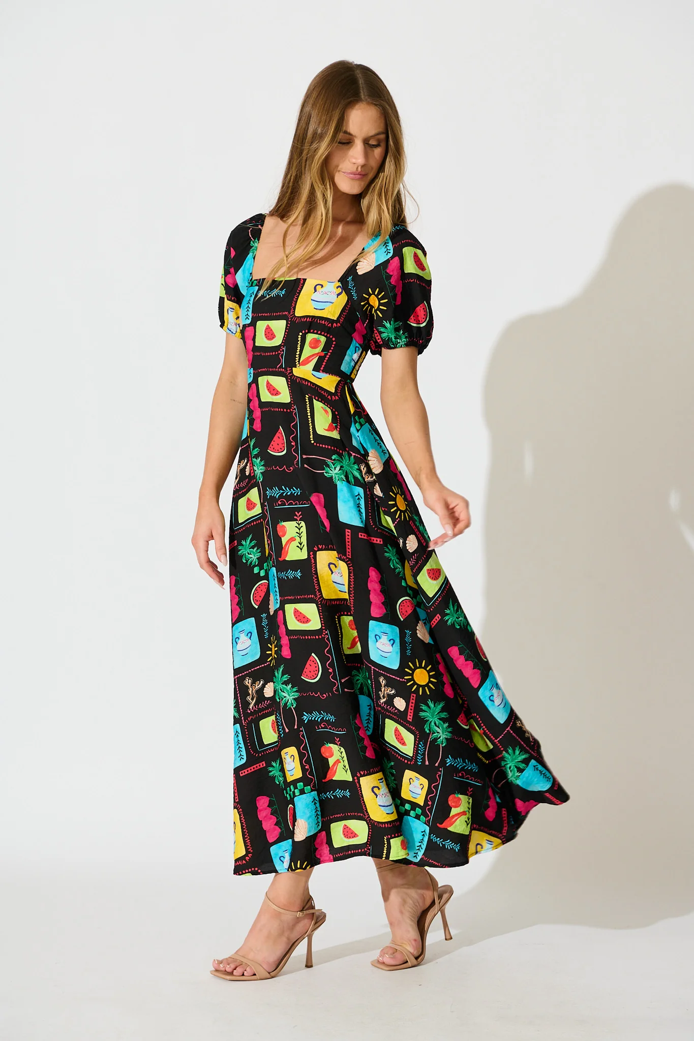 Sofie Midi Dress in Black Multi Patchwork Linen Blend - Image 3