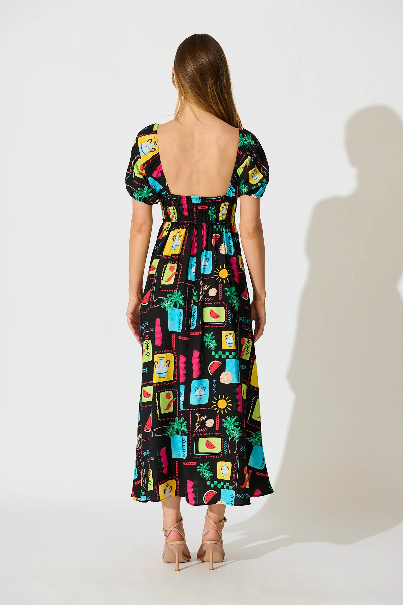 Sofie Midi Dress in Black Multi Patchwork Linen Blend - Image 4