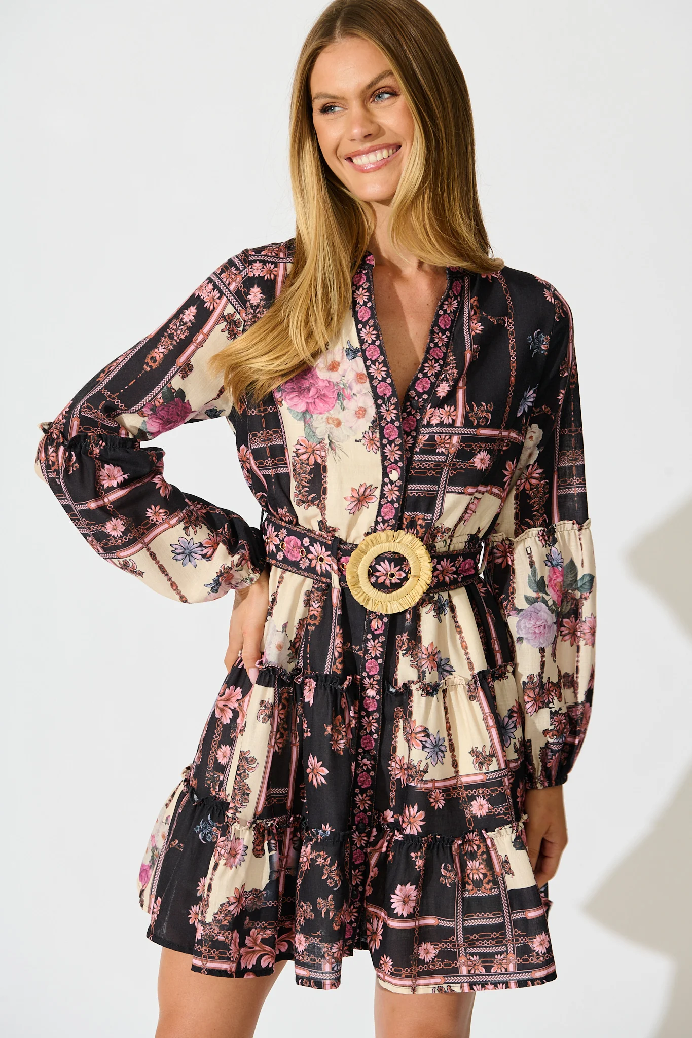 Soft Botanica Dress in Black with Blush Patchwork Floral - Image 2
