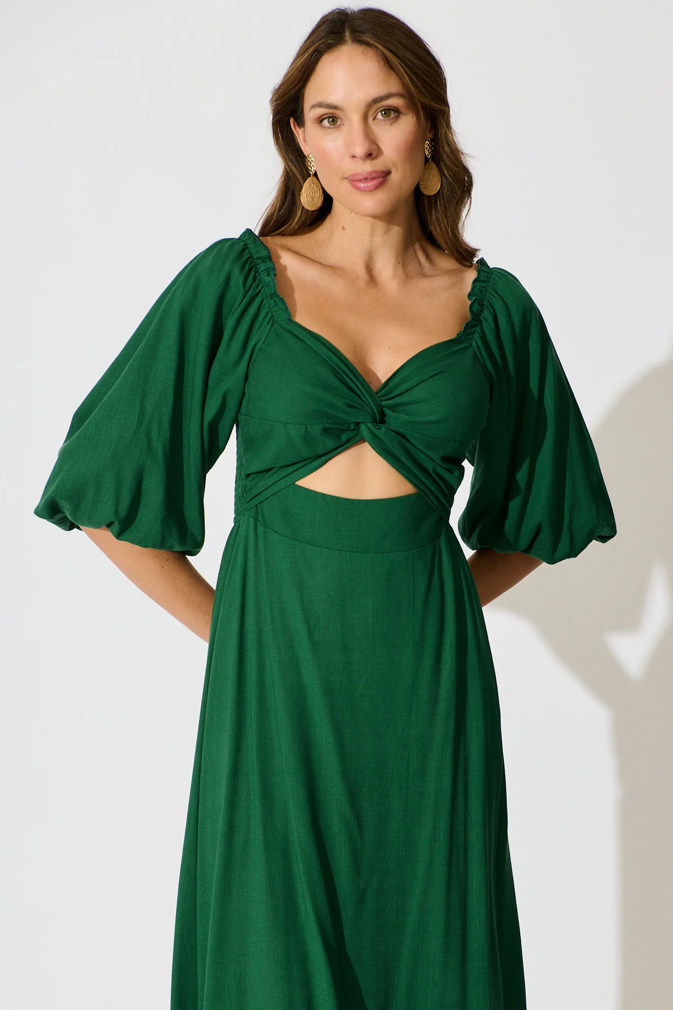 Solana Midi Dress in Emerald Linen Blend - Image 2