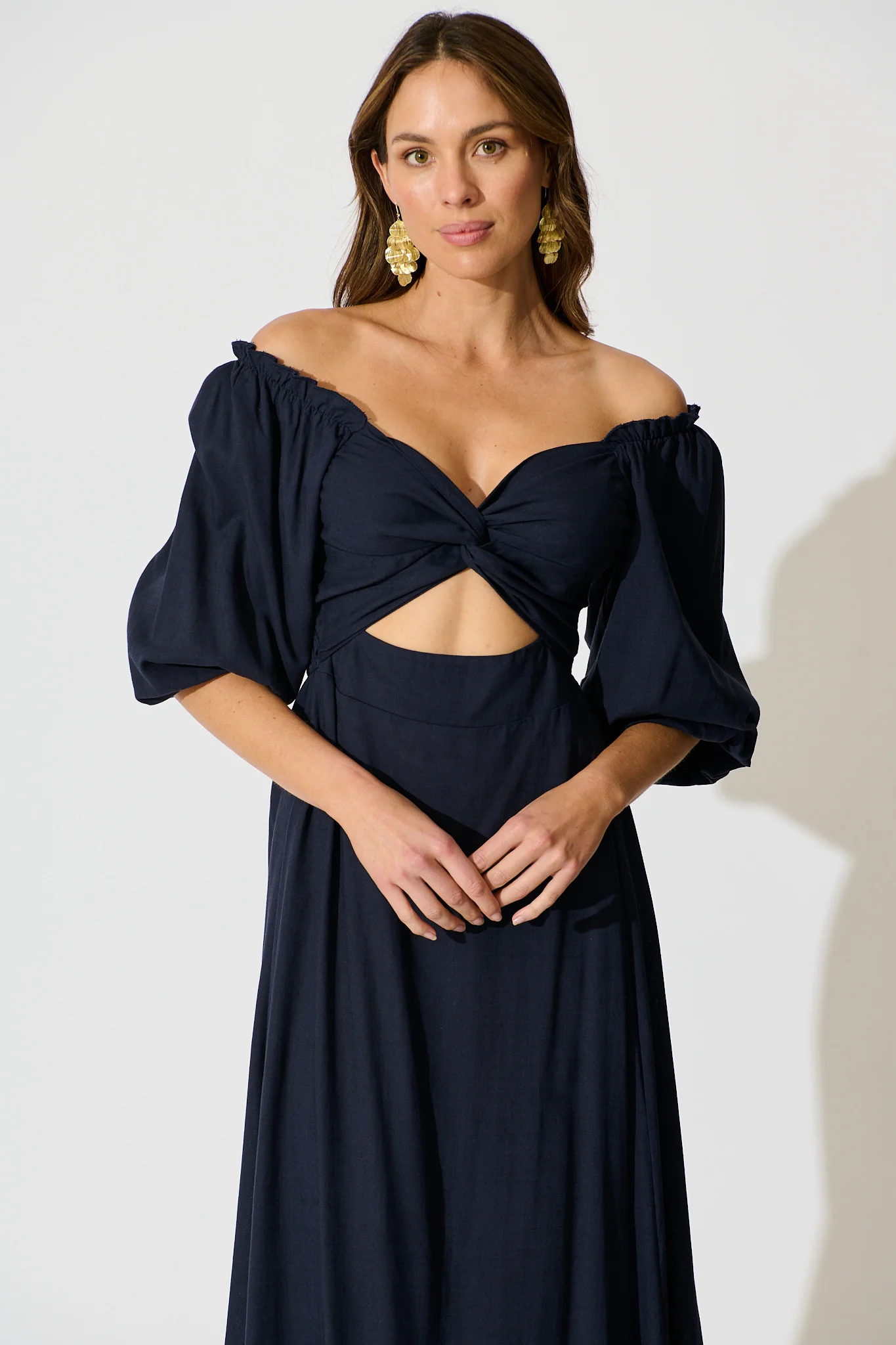 Solana Midi Dress in Navy Linen Blend - Image 2