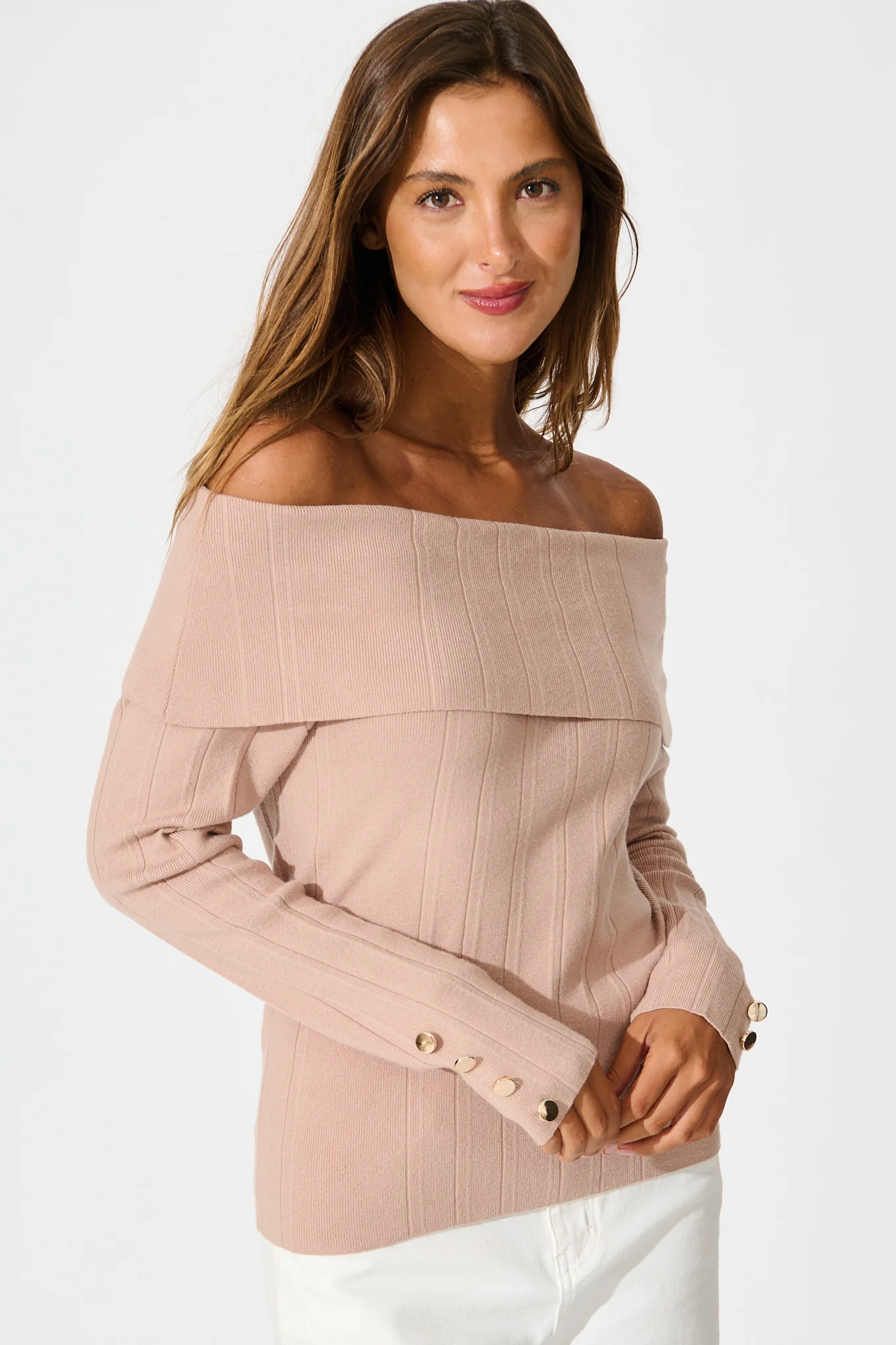 Solar Bardot Knit Top in Toffee Wool Blend - Image 2