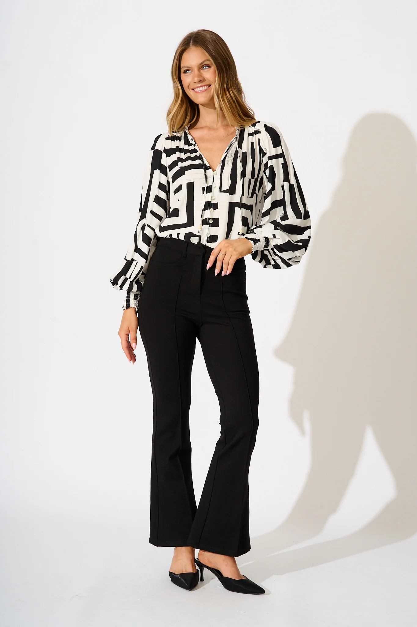 Solara Top in Black with White Geometric Print - Image 4