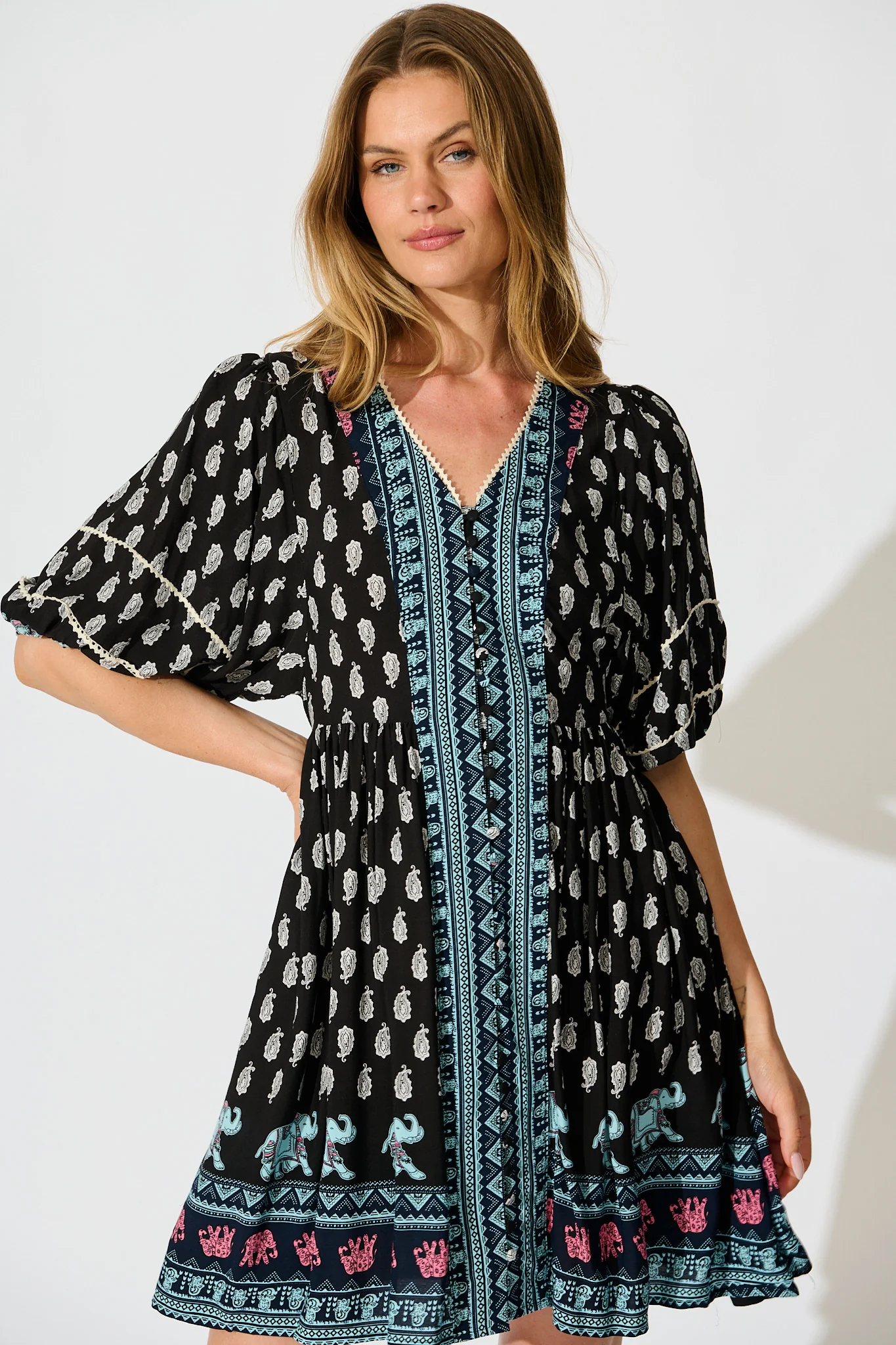 Solis Dress in Black with Multi Boho Print - Image 2