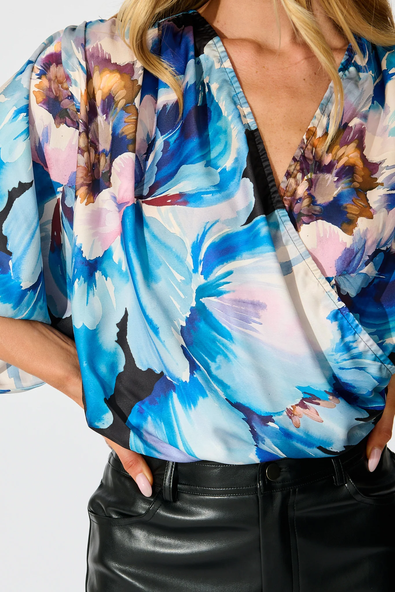Solita Top in Black with Blue Floral Satin - Image 5