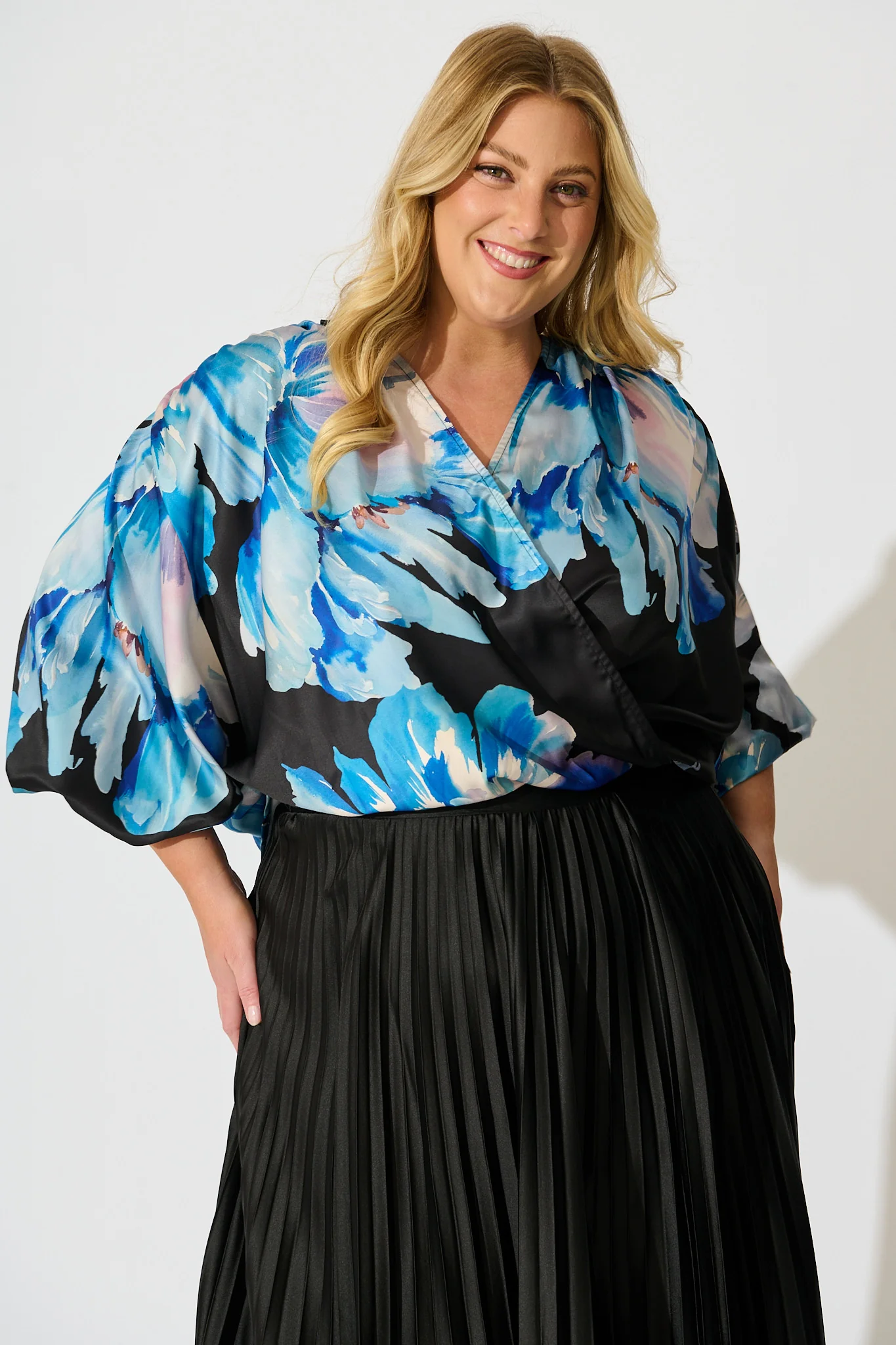 Solita Top in Black with Blue Floral Satin - Image 7
