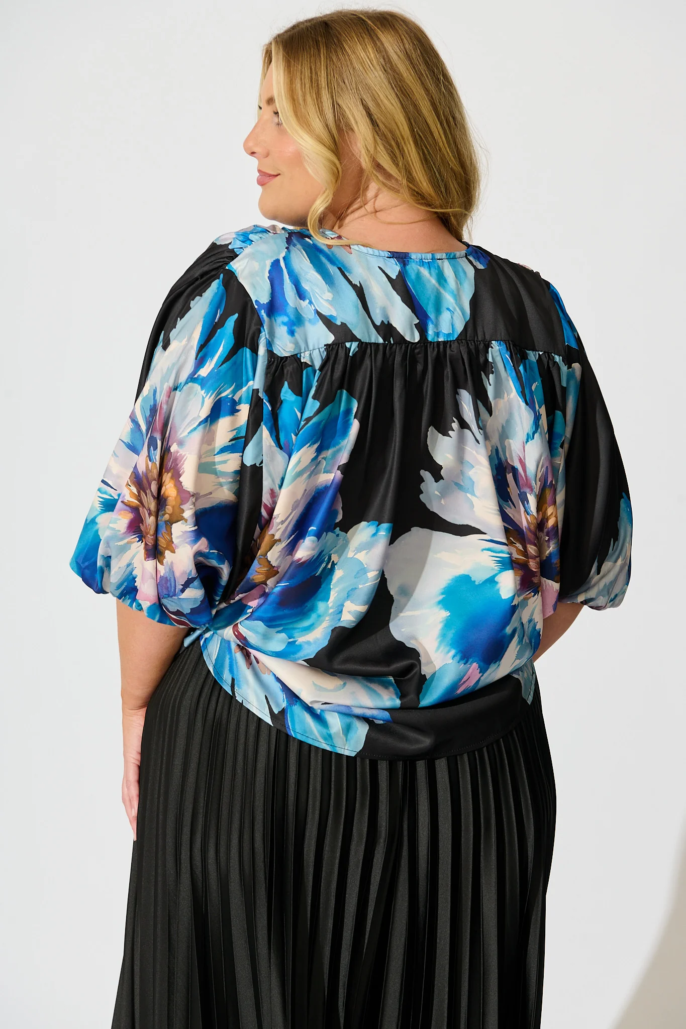Solita Top in Black with Blue Floral Satin - Image 8