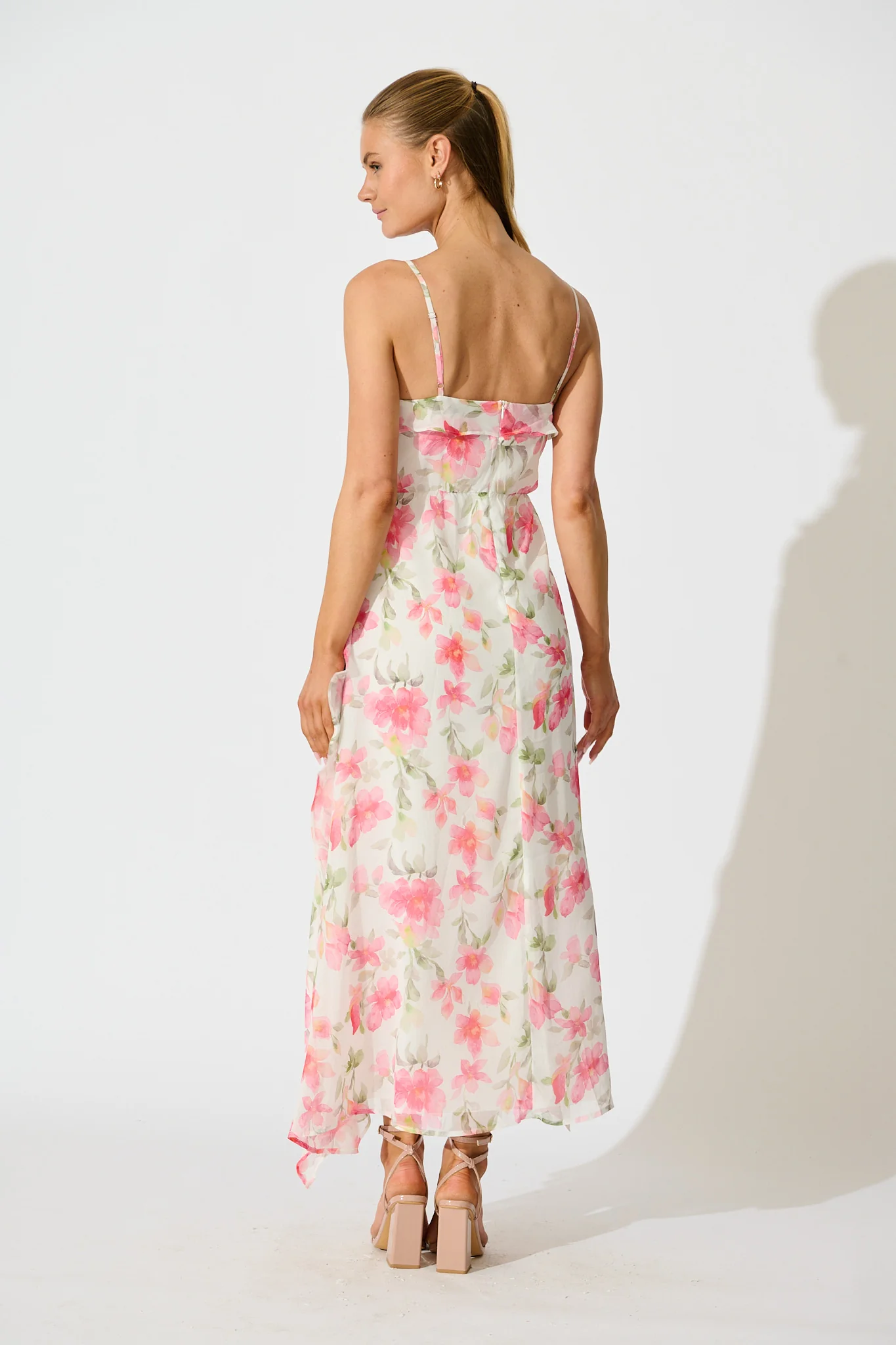 Song Of Bloom Maxi Dress in White with Pink Floral - Image 4
