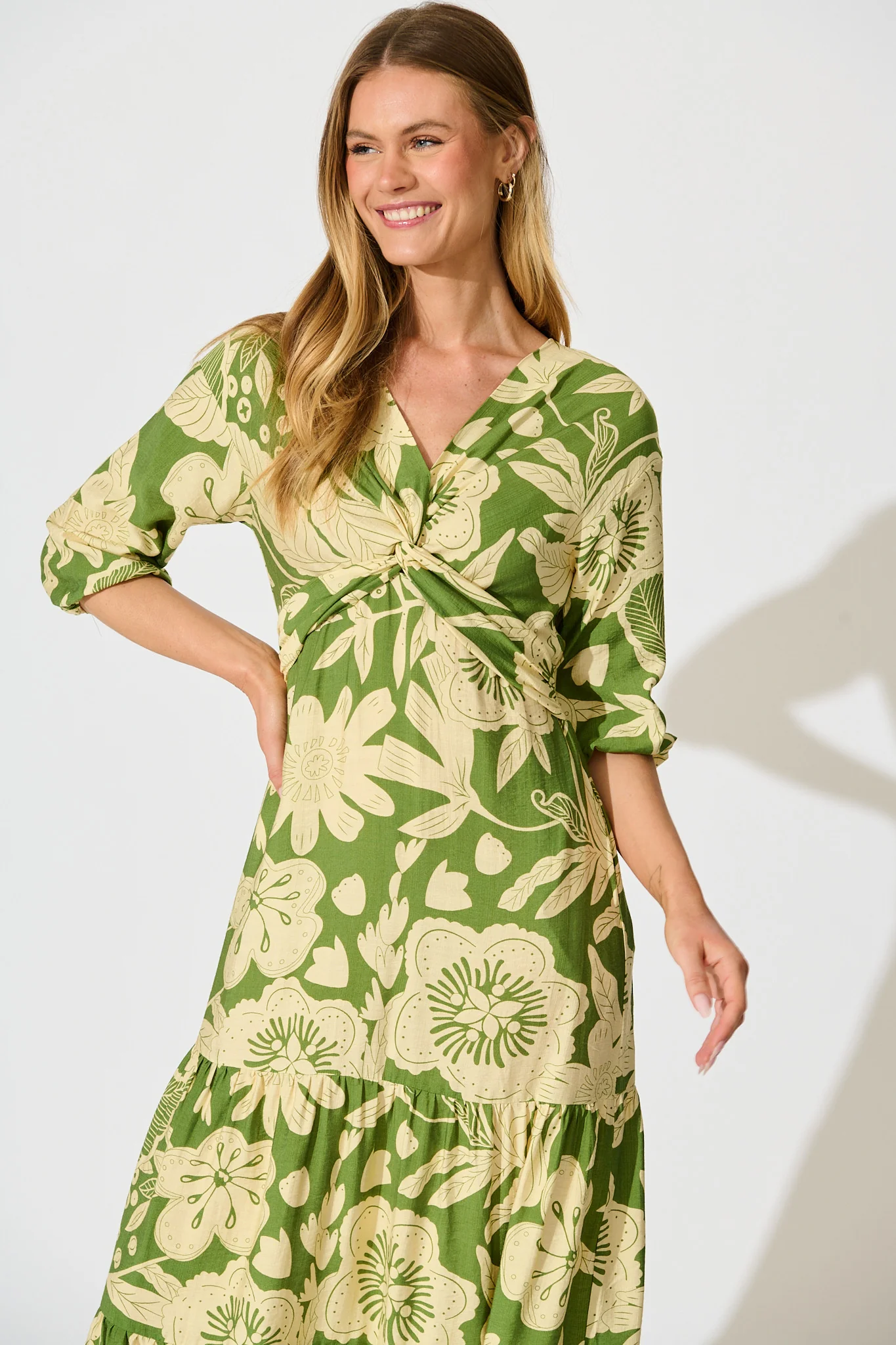 Sonnet Midi Dress in Green with Cream Floral - Image 2