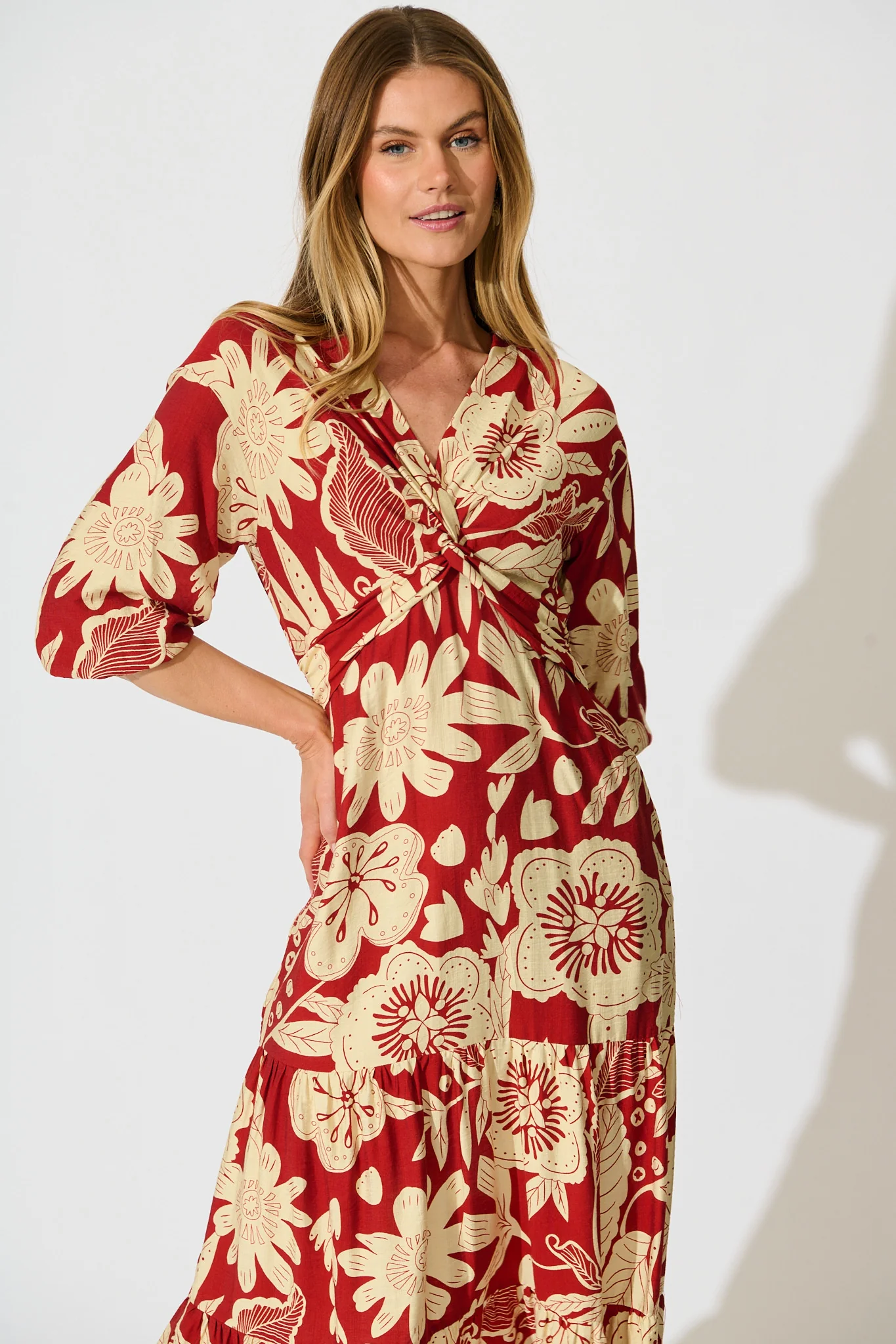 Sonnet Midi Dress in Red with Cream Floral - Image 2