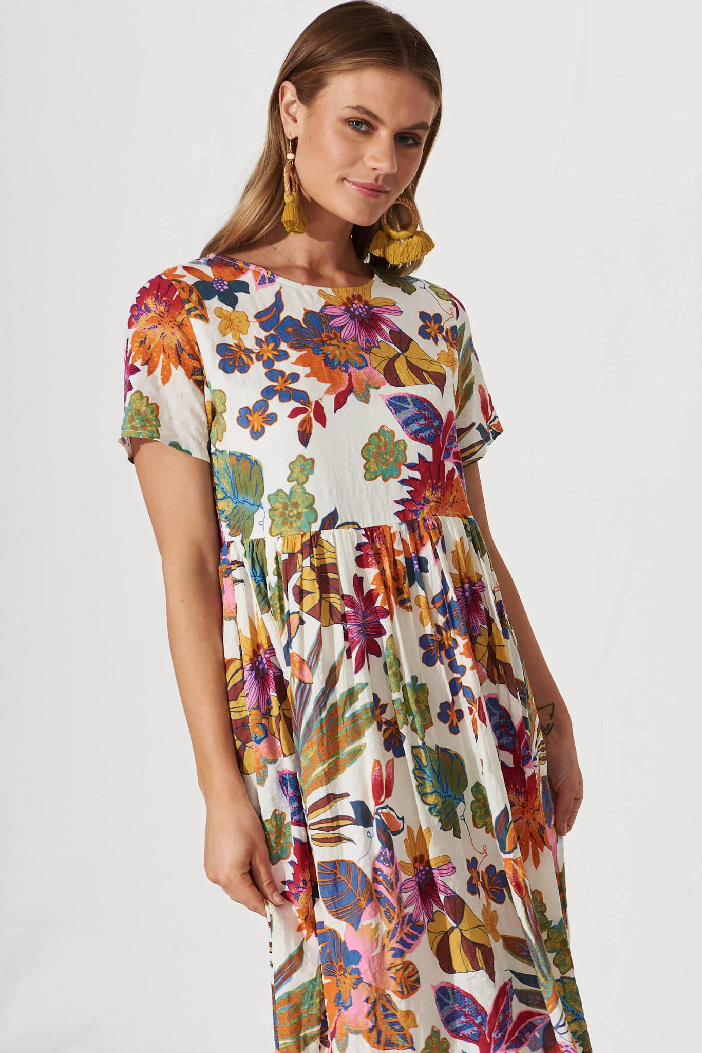 Sonya Smock Midi Dress In White With Bright Multi Floral - Image 2