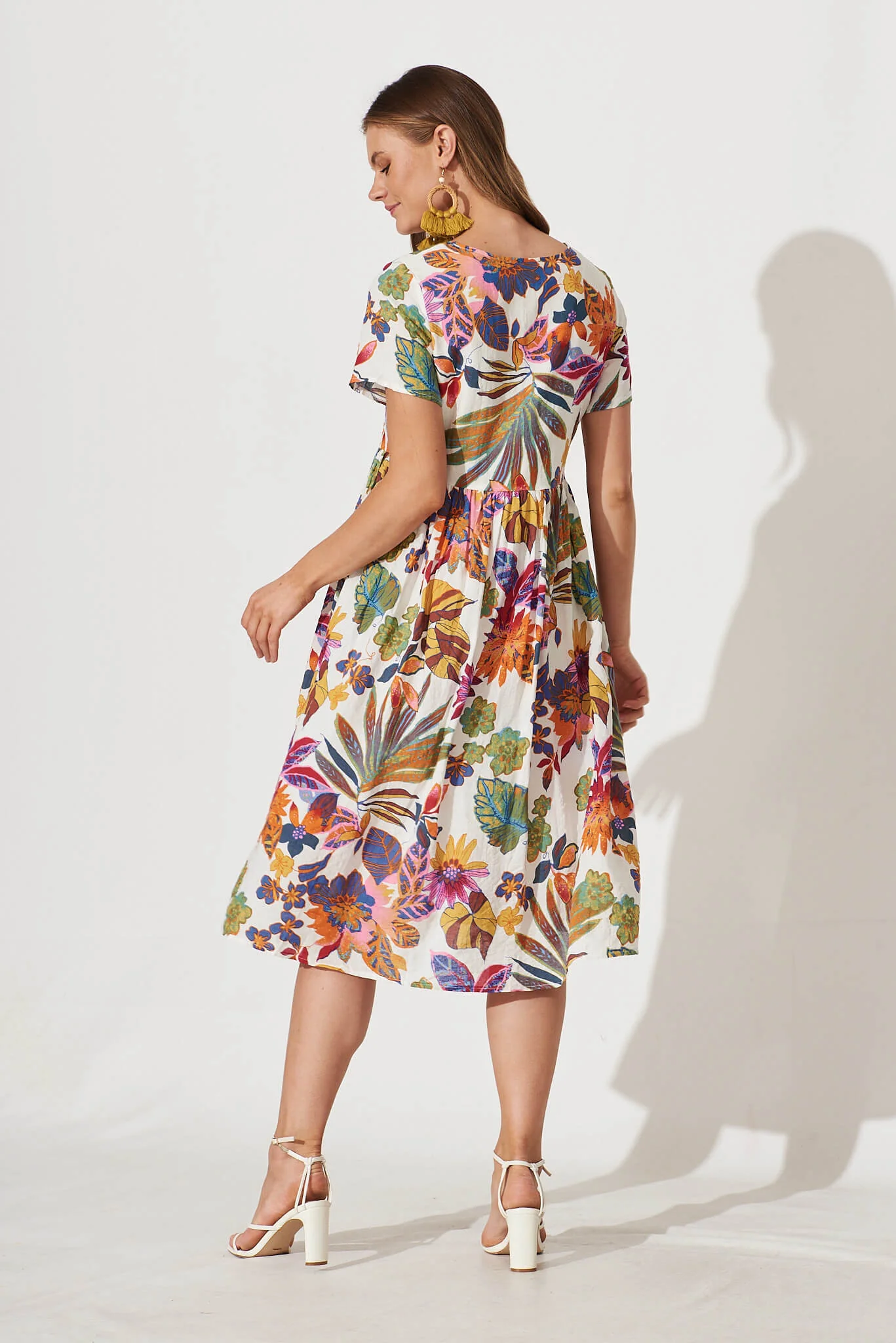 Sonya Smock Midi Dress In White With Bright Multi Floral - Image 4