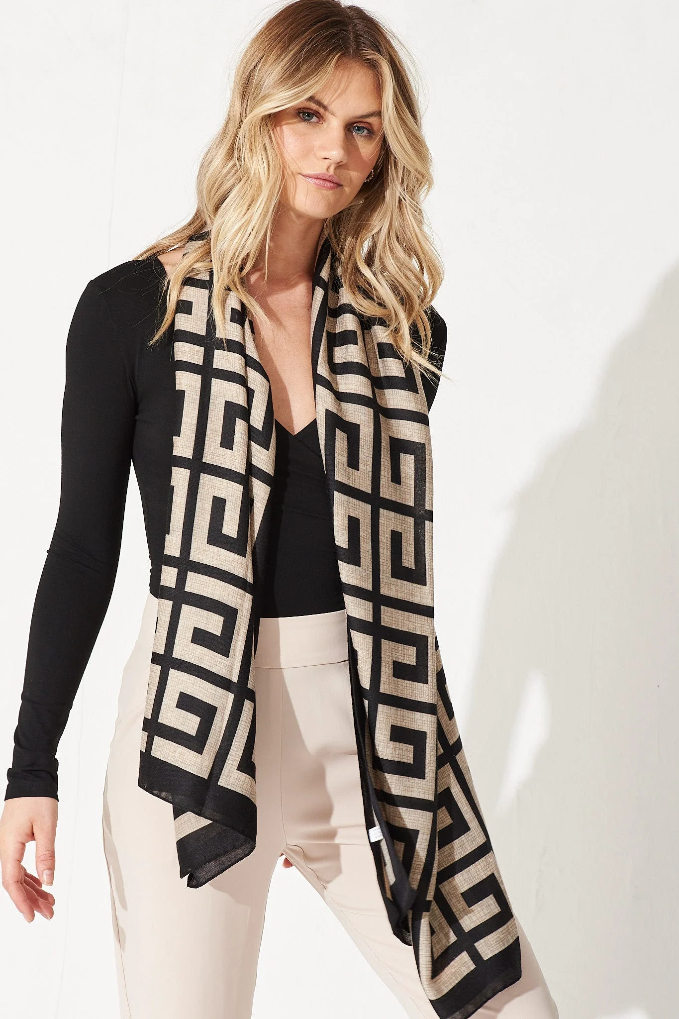 Sophia Scarf In Black And Beige Geometric - Image 2