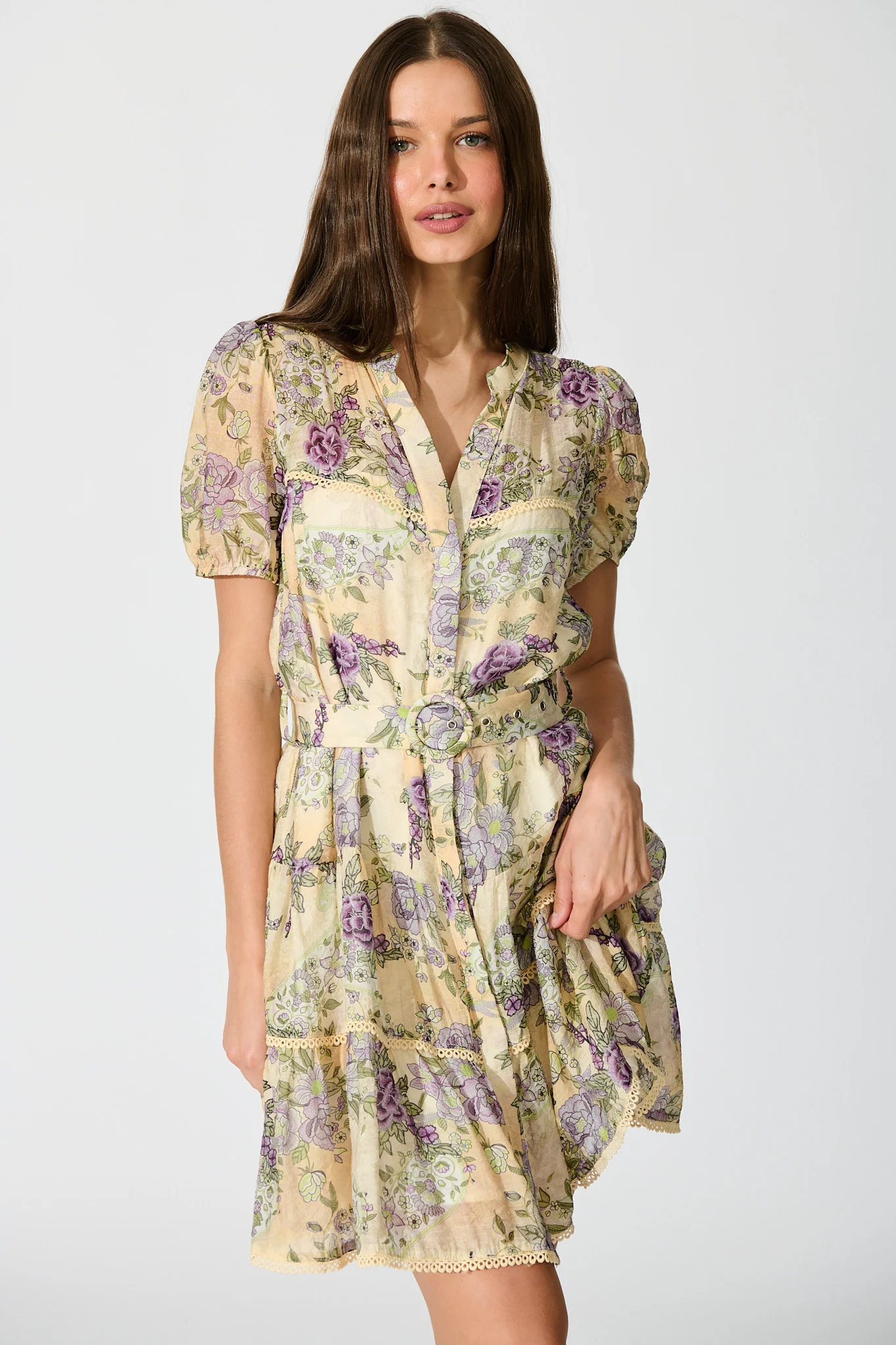 Sorelle Dress in Soft Yellow with Lilac Floral - Image 2