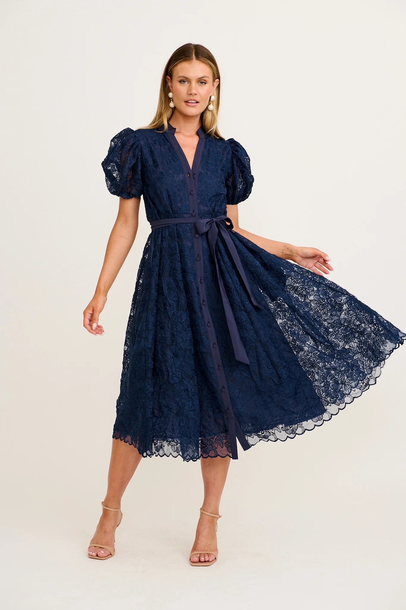 Soul Searching Midi Dress in Navy Lace