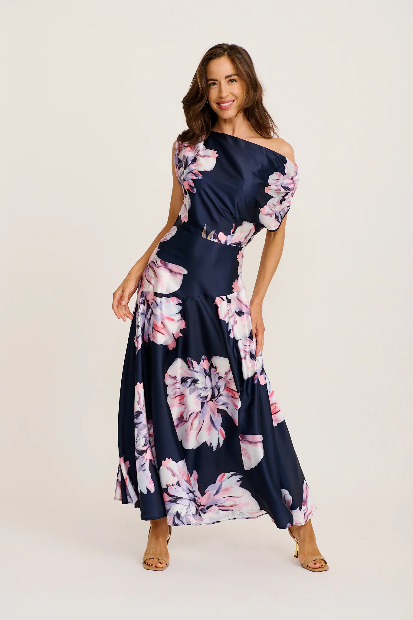 Spark Maxi Off Shoulder Dress in Navy Floral Satin