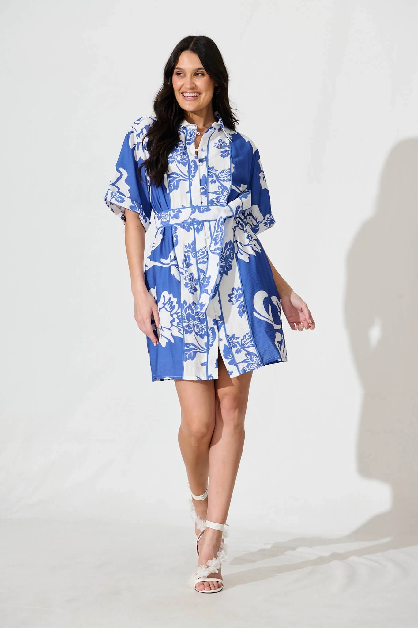 Spirit Shirt Dress In Blue With White Floral Print - Image 2