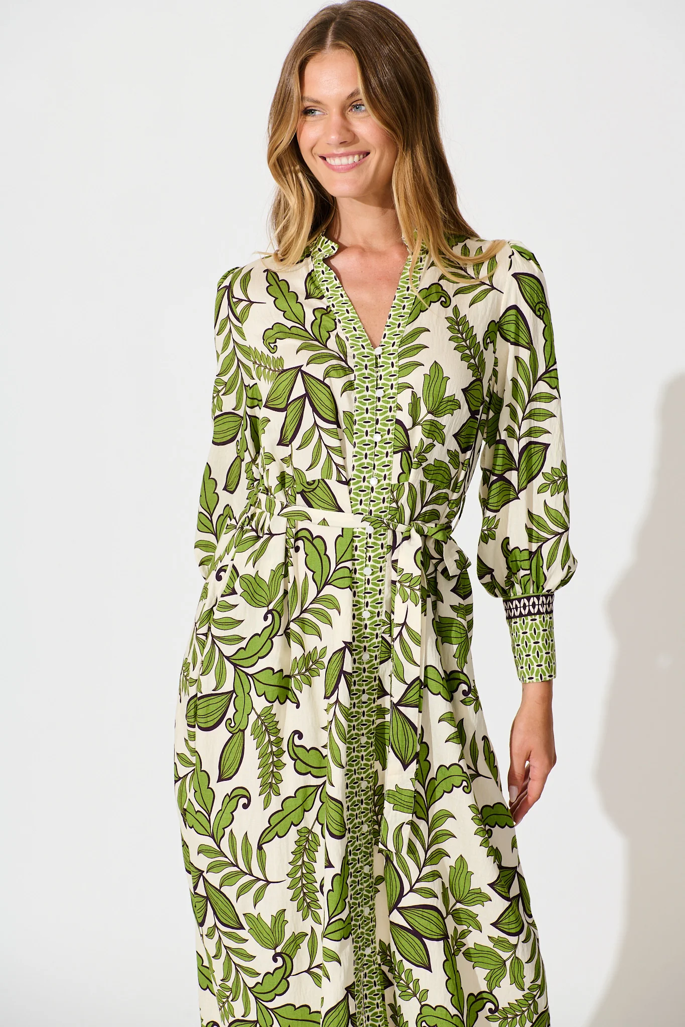 Splendour Midi Dress in Cream with Green Leaf - Image 2