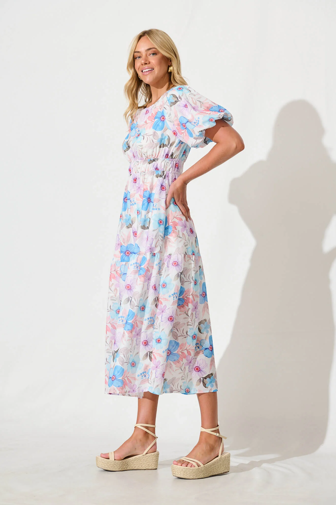 Stargazer Midi Dress in Multi Blue Floral Cotton Blend - Image 3