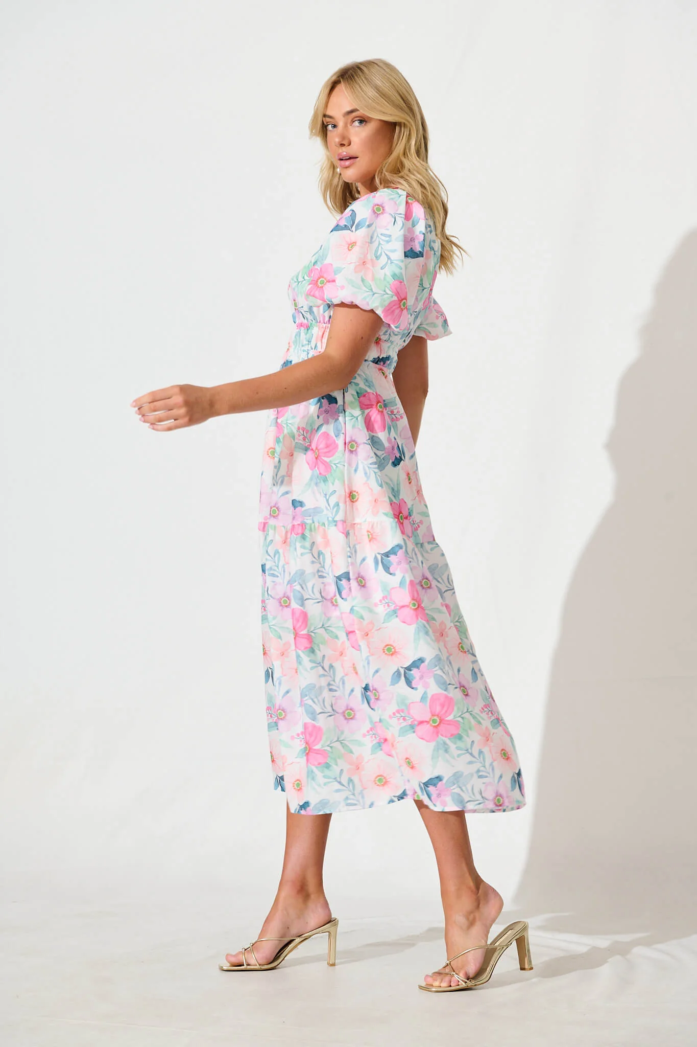 Stargazer Midi Dress in Multi Pink Floral Cotton Blend - Image 3