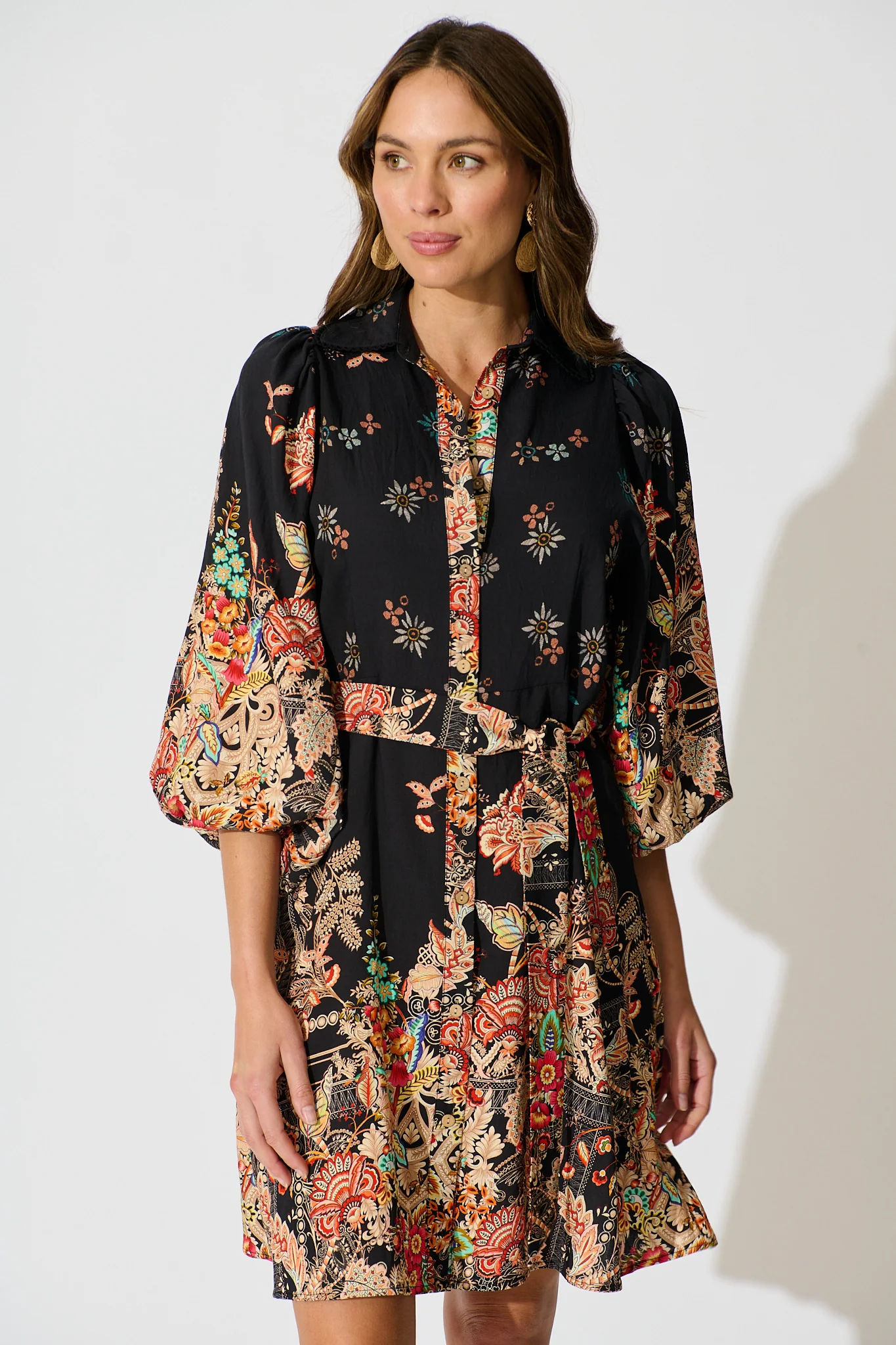 Starlet Boho Shirt Dress in Black Floral Linen Blend - Image 2