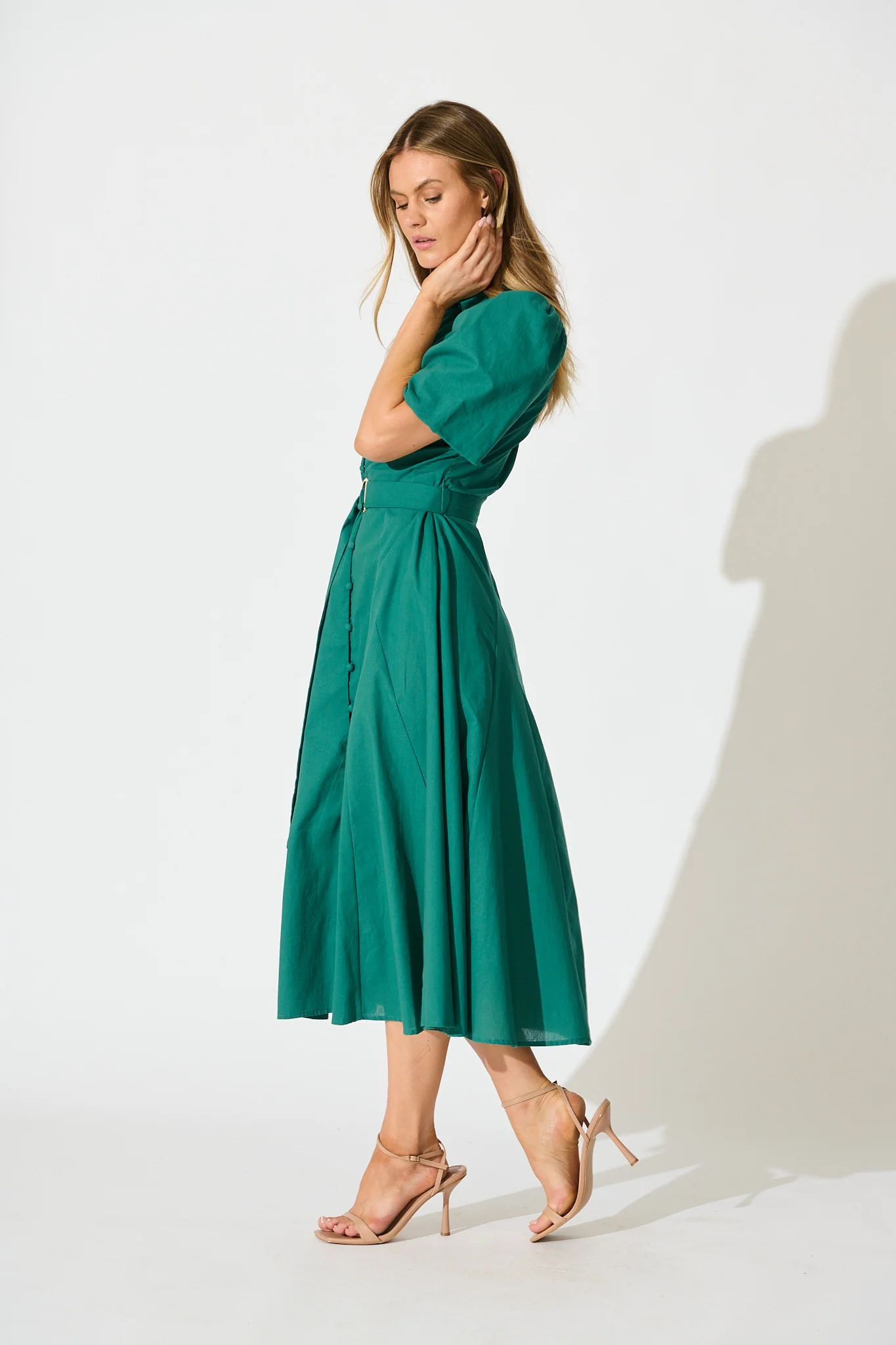 Starlit Midi Shirt Dress in Green Cotton - Image 3