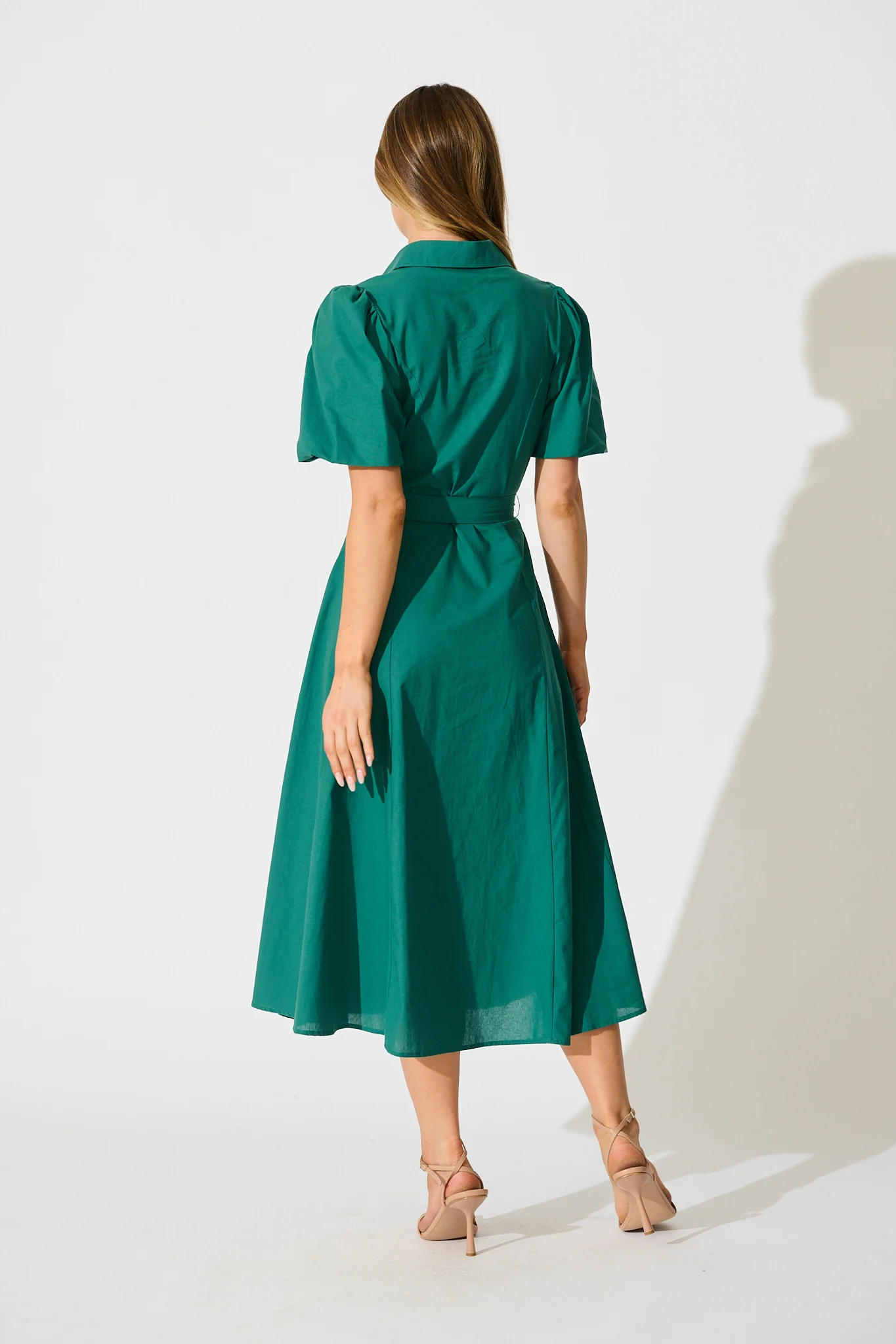 Starlit Midi Shirt Dress in Green Cotton - Image 4