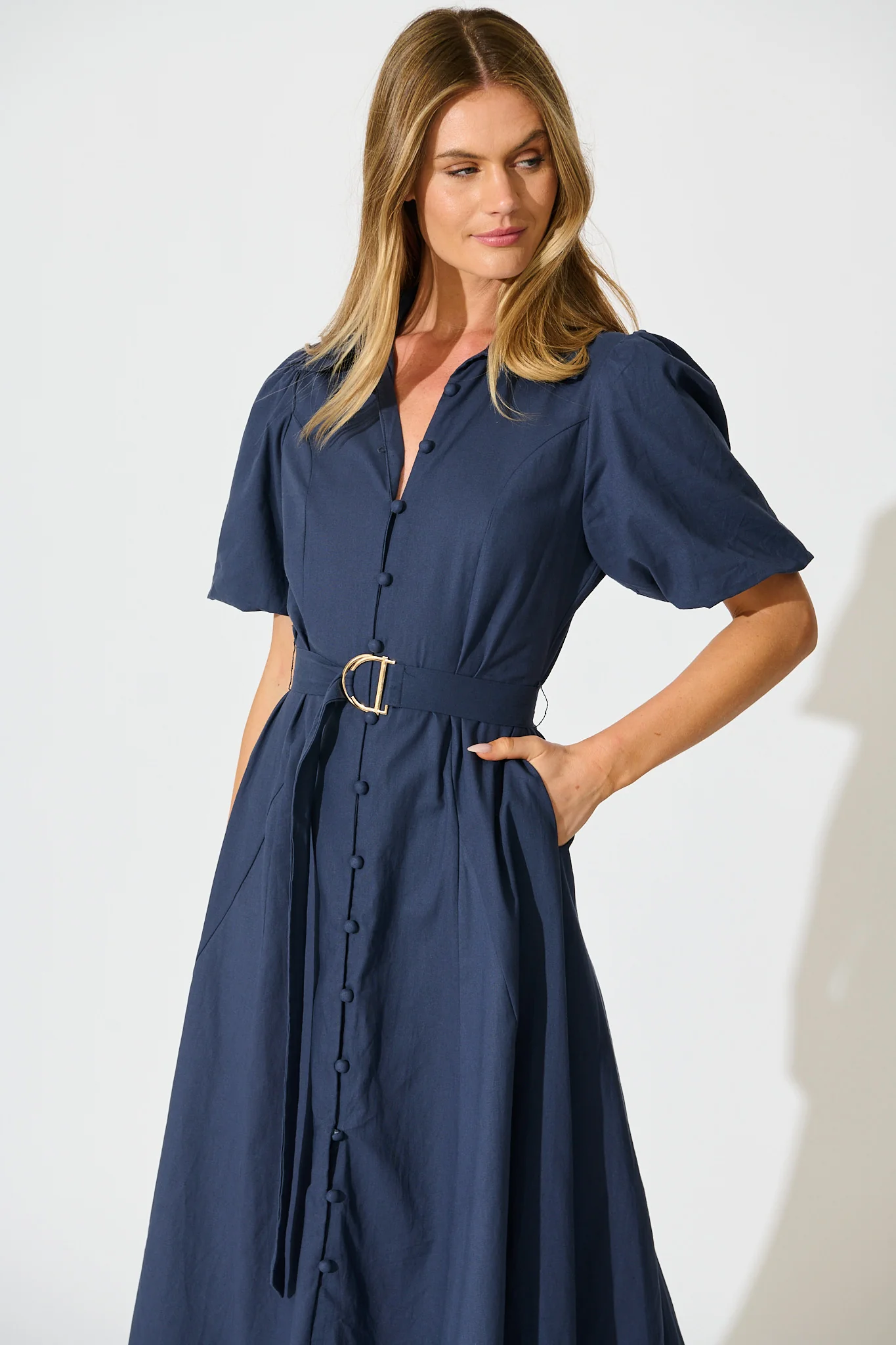 Starlit Midi Shirt Dress in Navy Cotton - Image 2