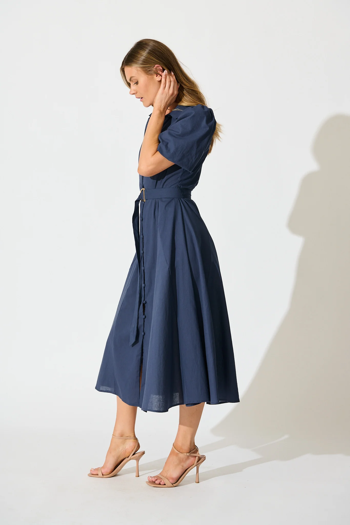 Starlit Midi Shirt Dress in Navy Cotton - Image 3