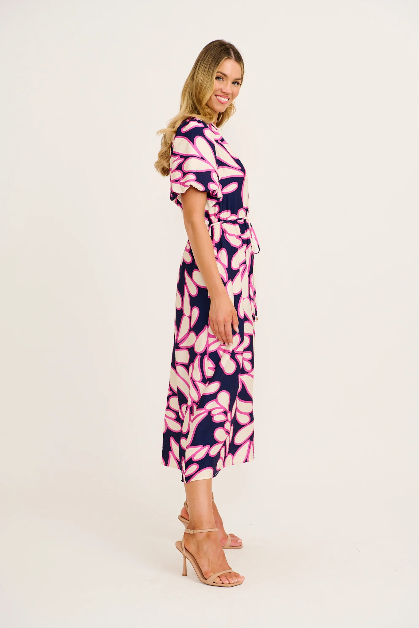 Starstruck Midi Dress in Navy with Pink Print Linen Blend - Image 3