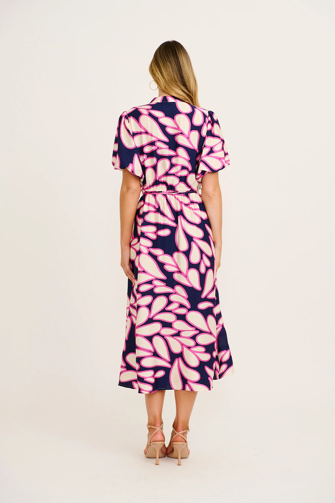 Starstruck Midi Dress in Navy with Pink Print Linen Blend - Image 4