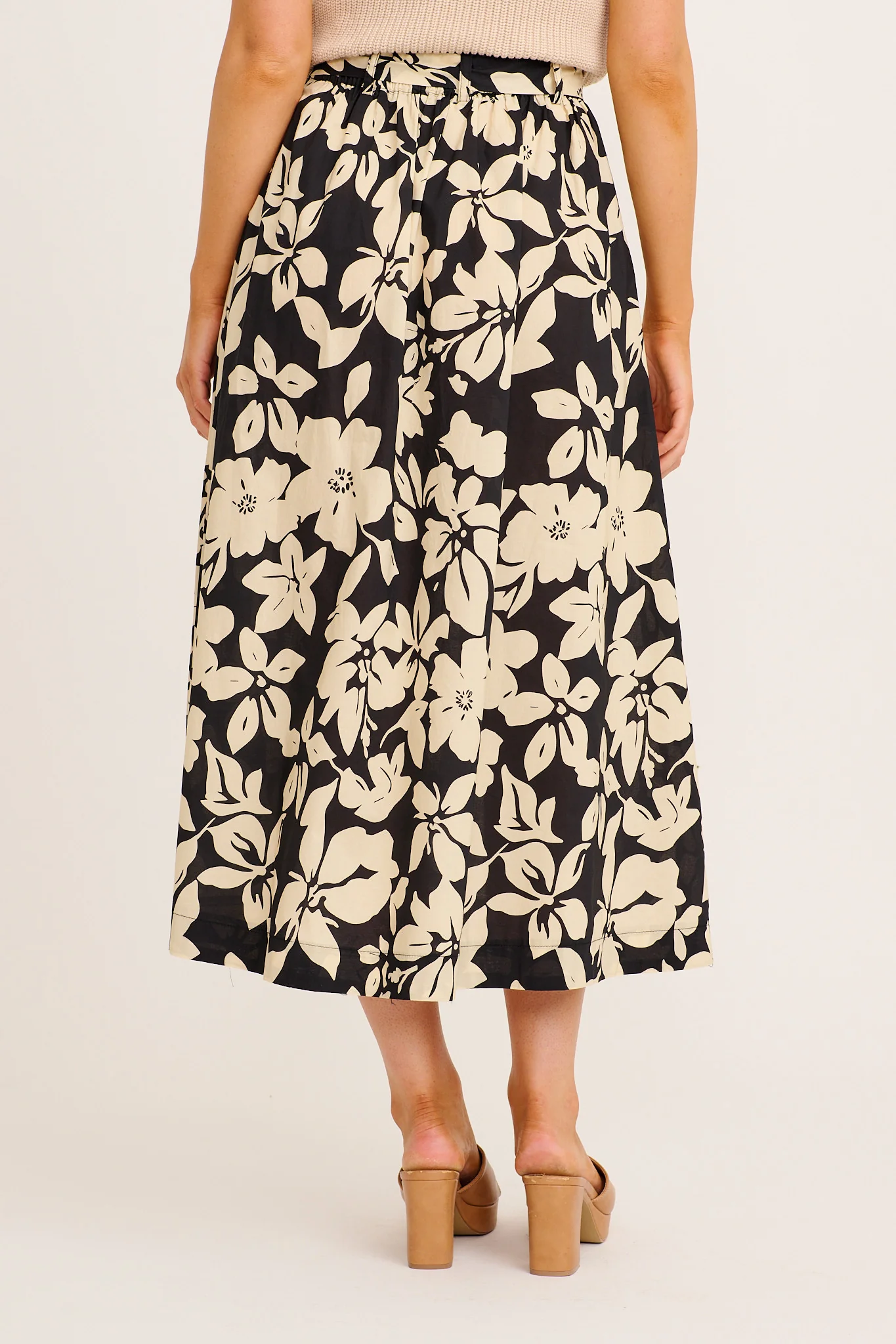 Statement Maxi Skirt in Cream with Black Floral Cotton - Image 3