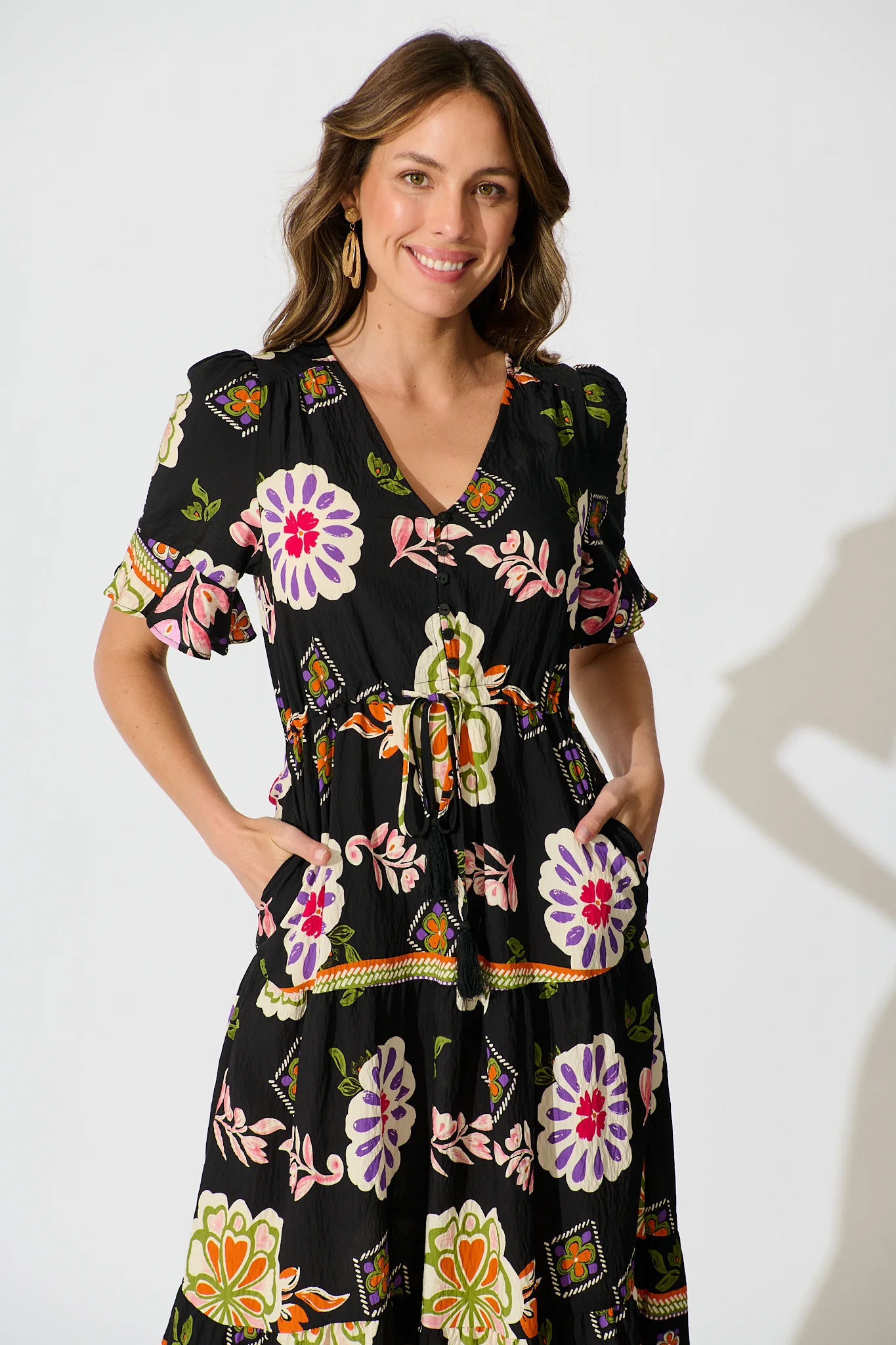 Steele Midi Dress in Black with Multi Floral Print - Image 2