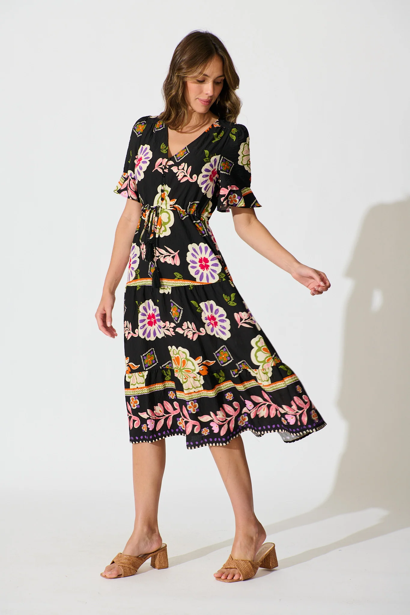 Steele Midi Dress in Black with Multi Floral Print - Image 3