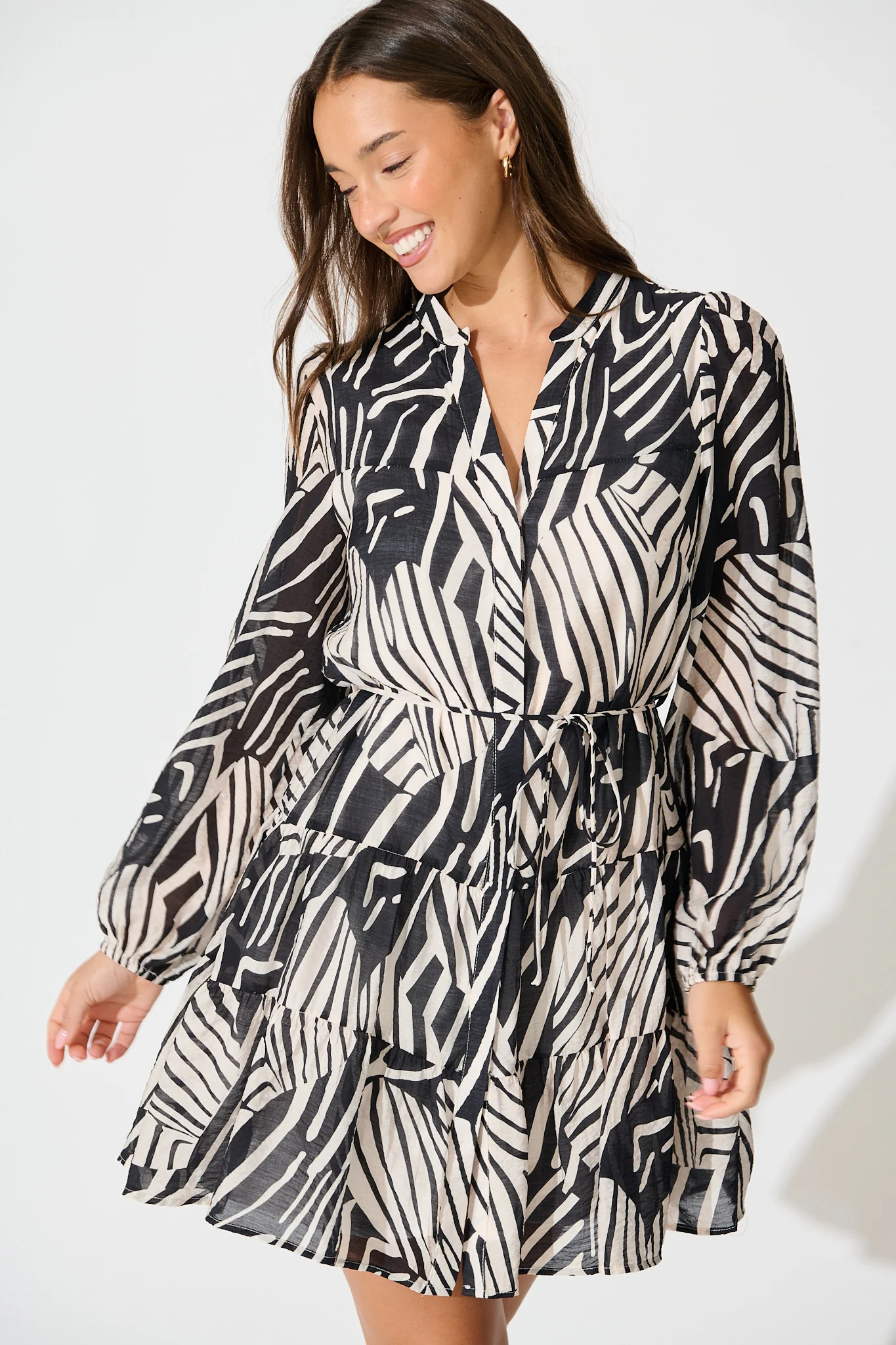 Stefania Dress in Black with White Print - Image 2