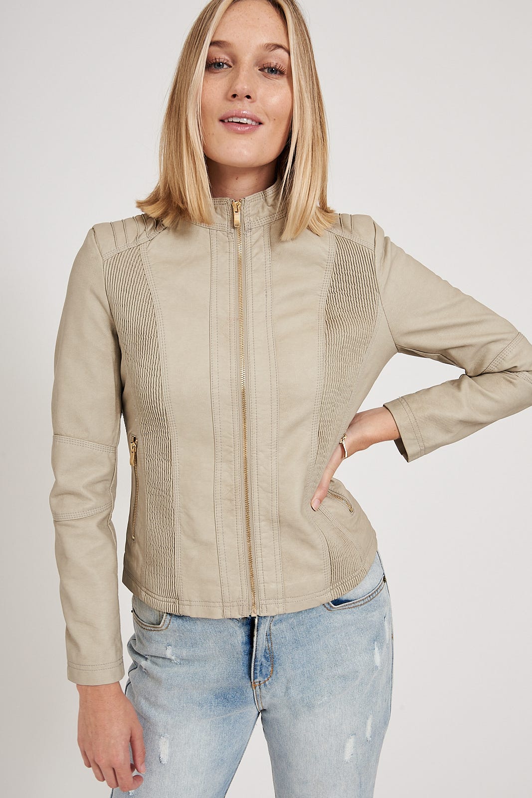 Stefany Biker Jacket in Stone - Image 2