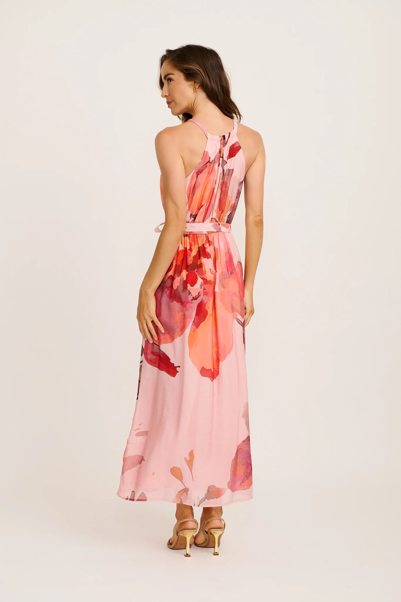 Style Flicker Halterneck Maxi Dress in Pink with Tangerine Floral - Image 4
