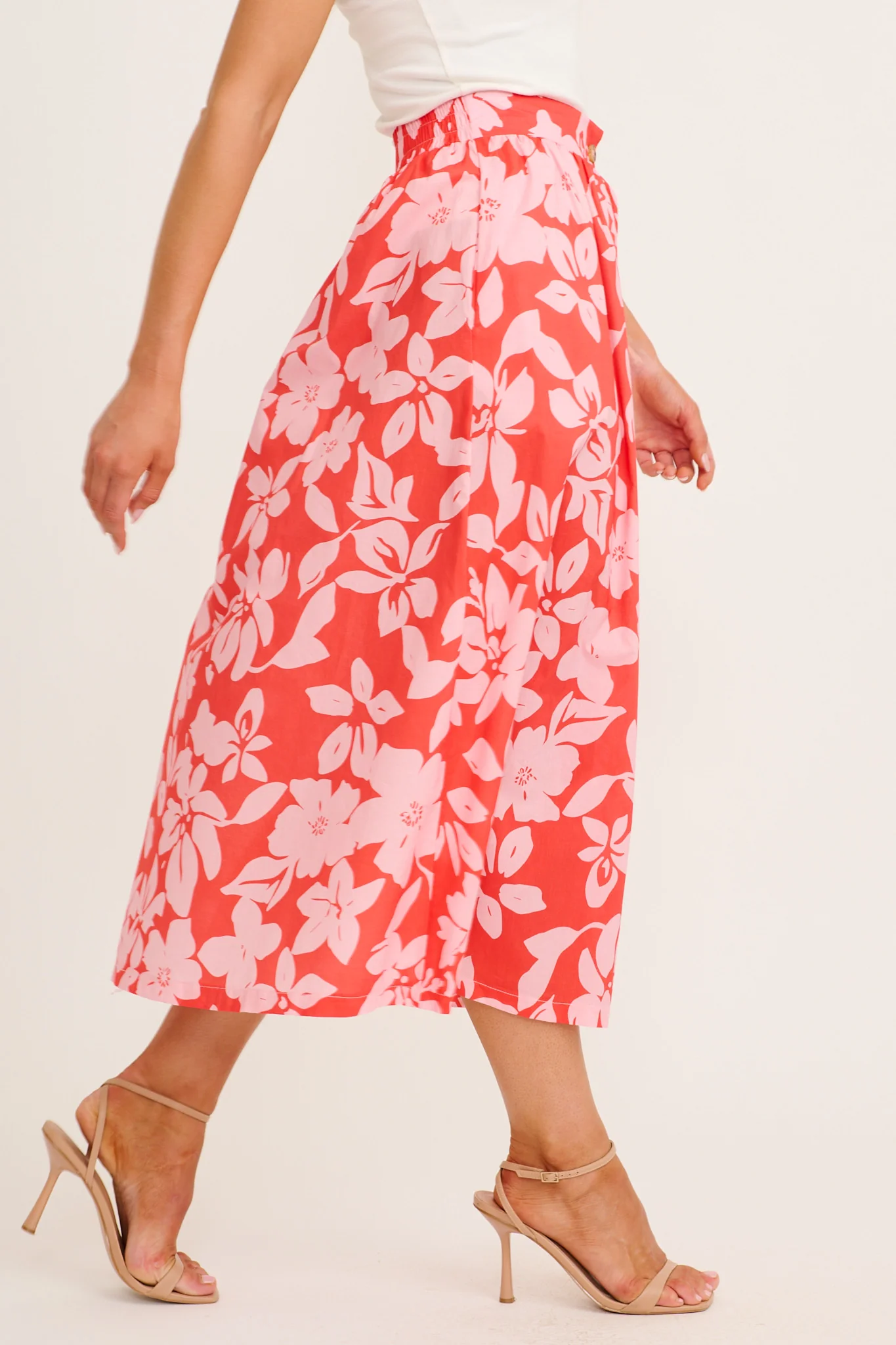 Stylish Structure Maxi Skirt in Red with Pink Floral Cotton - Image 2