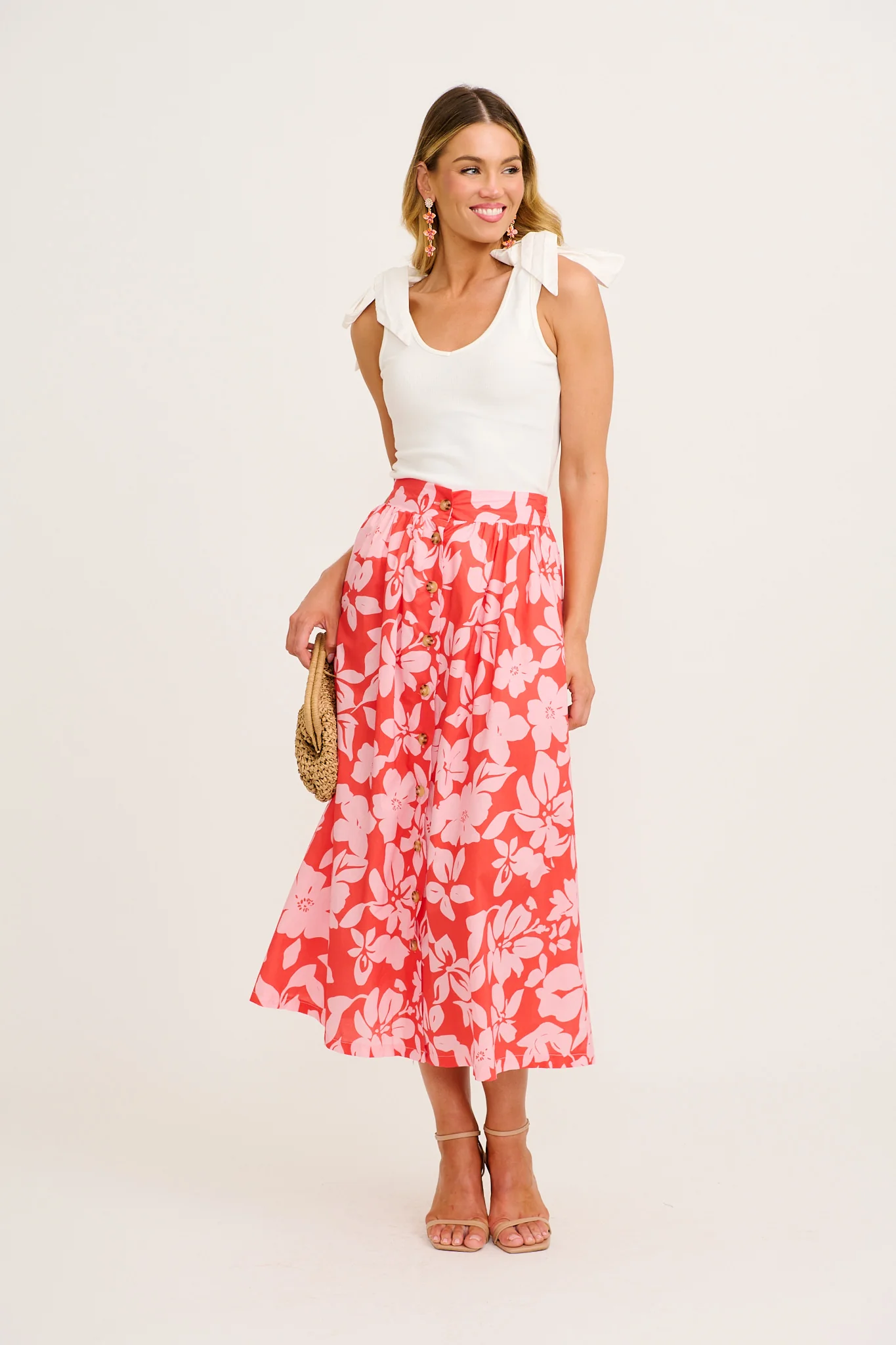 Stylish Structure Maxi Skirt in Red with Pink Floral Cotton - Image 4