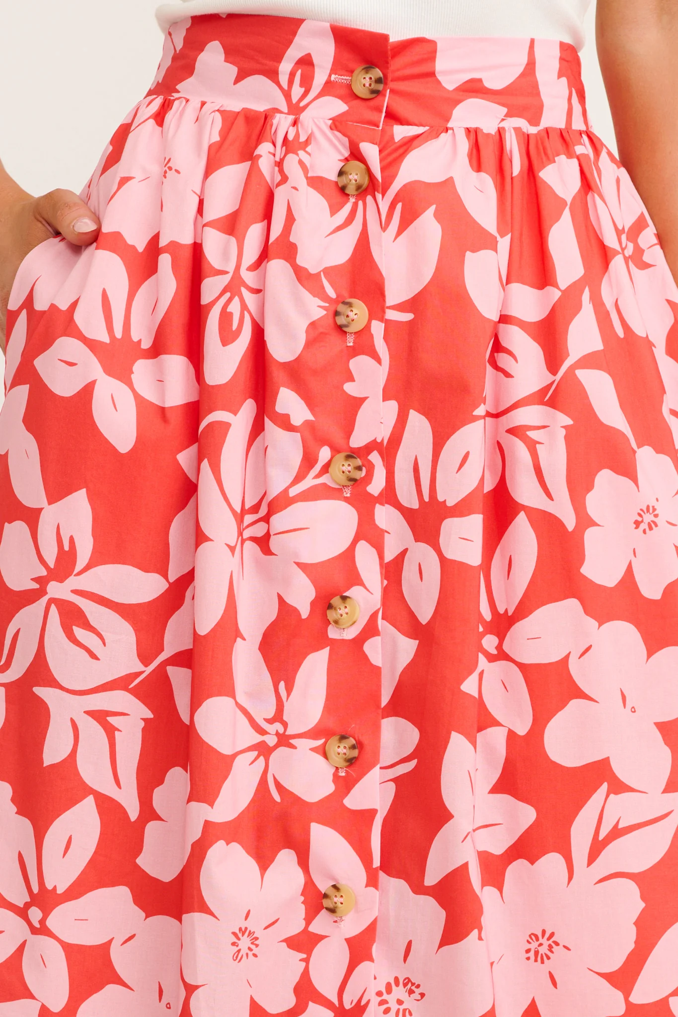Stylish Structure Maxi Skirt in Red with Pink Floral Cotton - Image 5