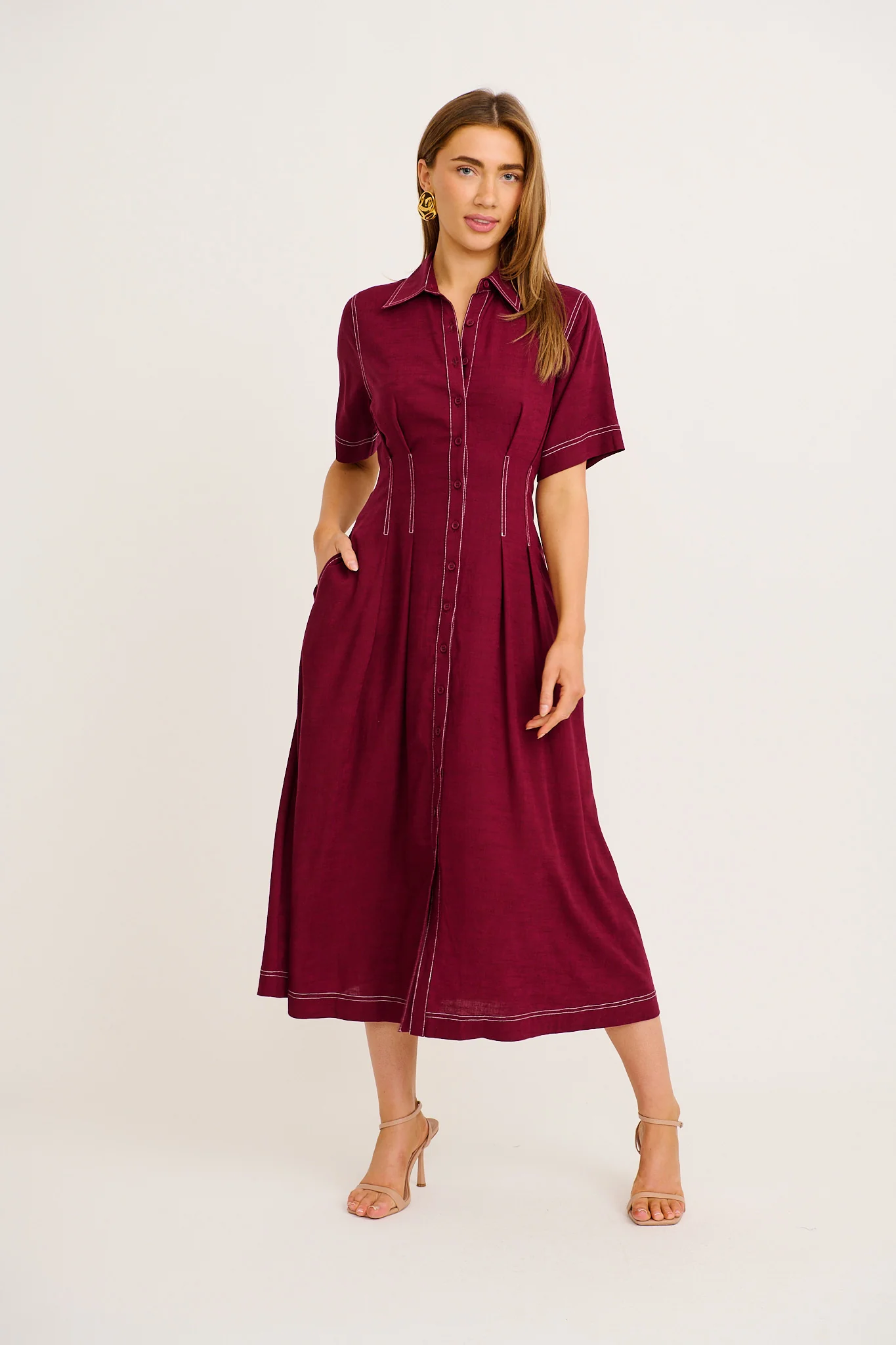 Stylish Structure Midi Shirt Dress in Wine Linen Blend
