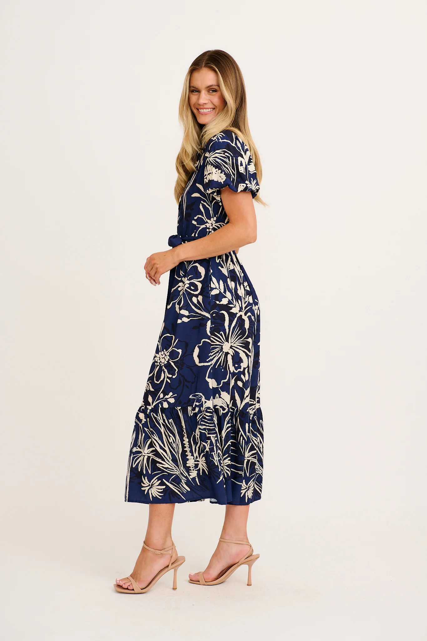 Stylish World Maxi Shirt Dress in Navy with Cream print - Image 3
