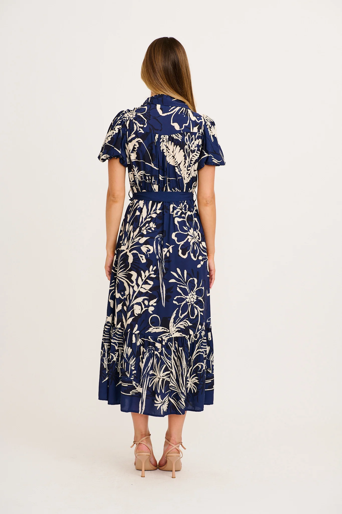 Stylish World Maxi Shirt Dress in Navy with Cream print - Image 4