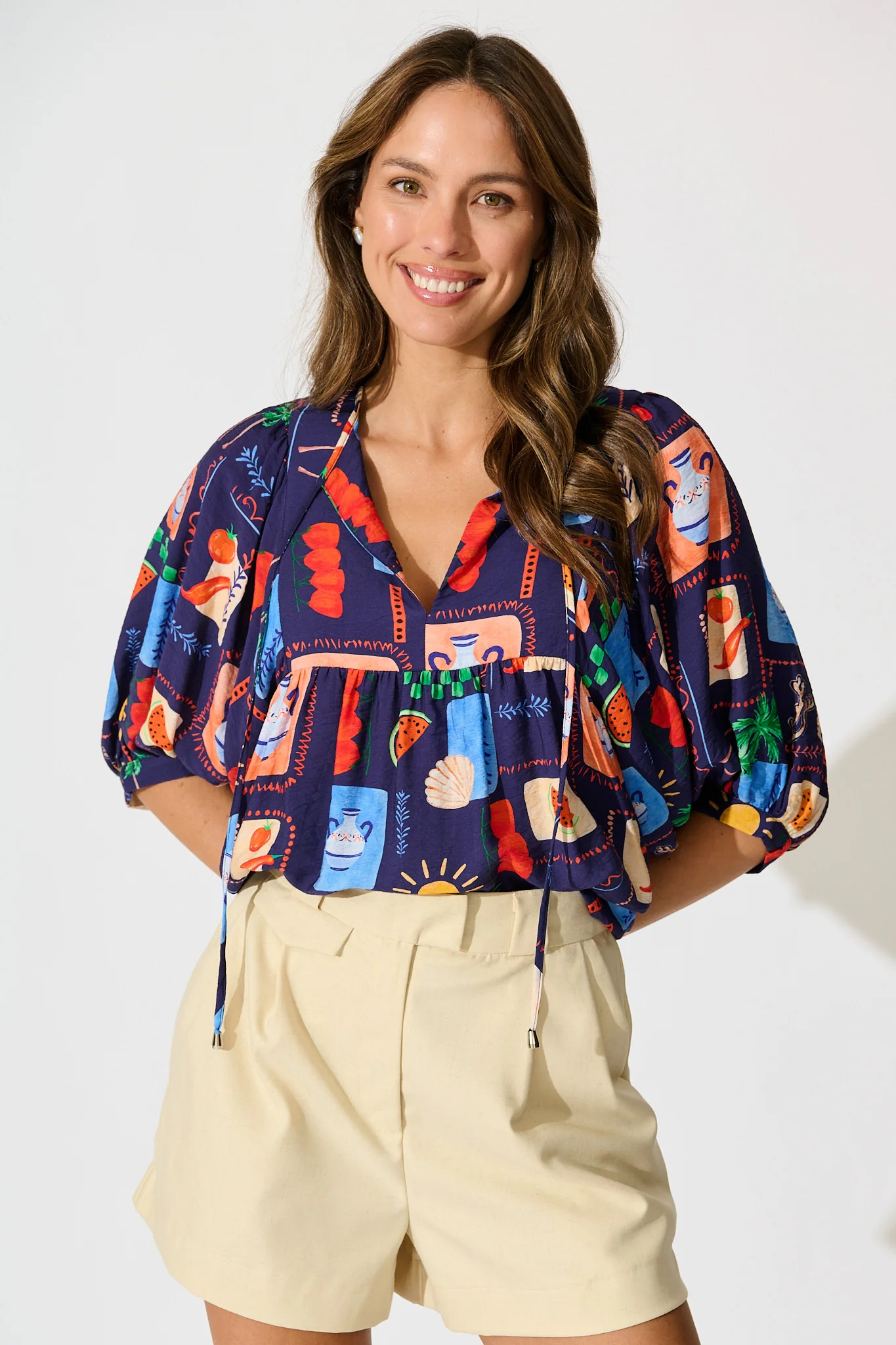 Suella Top in Navy Multi Print Linen Blend - Image 2