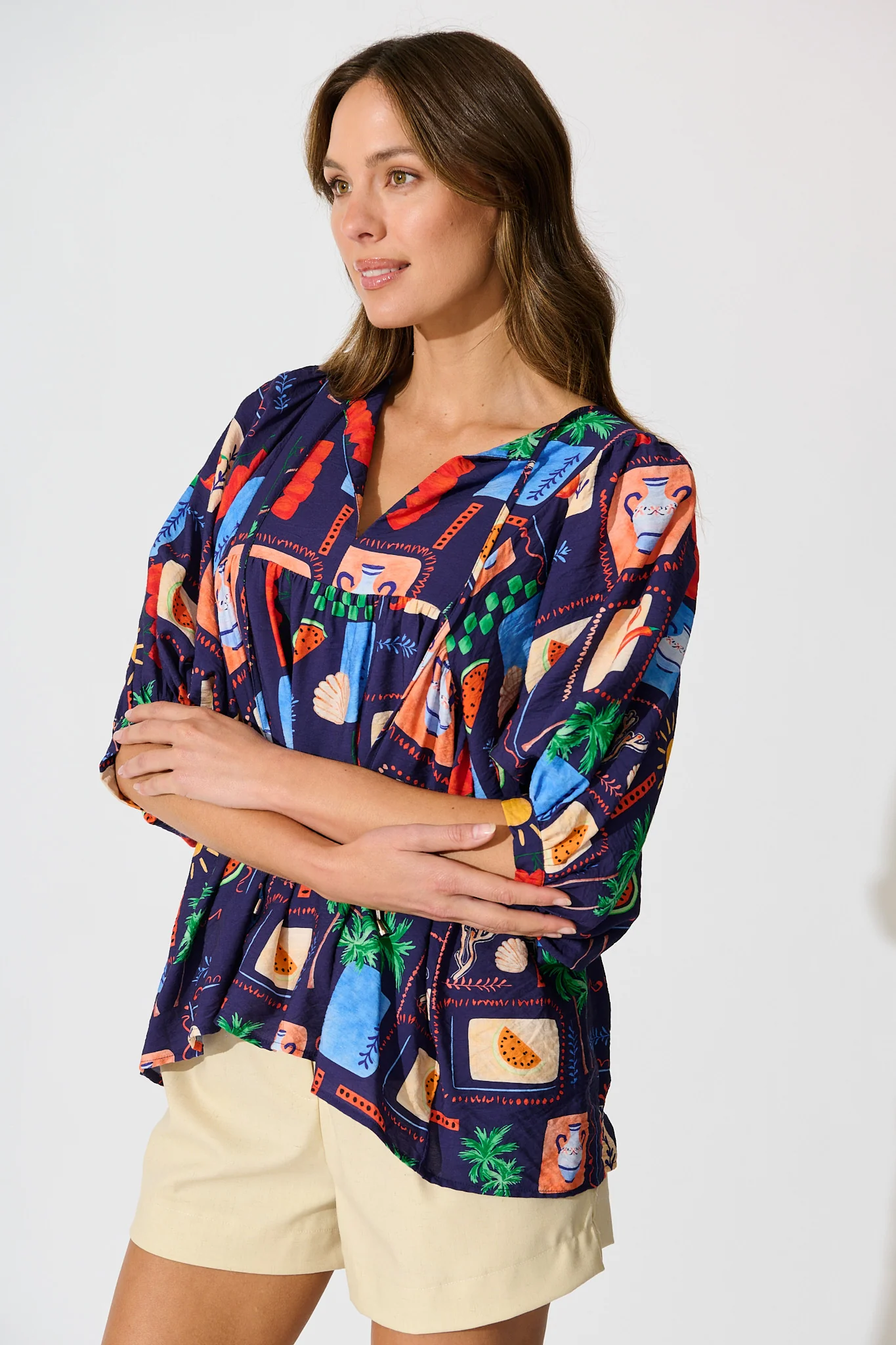 Suella Top in Navy Multi Print Linen Blend - Image 3