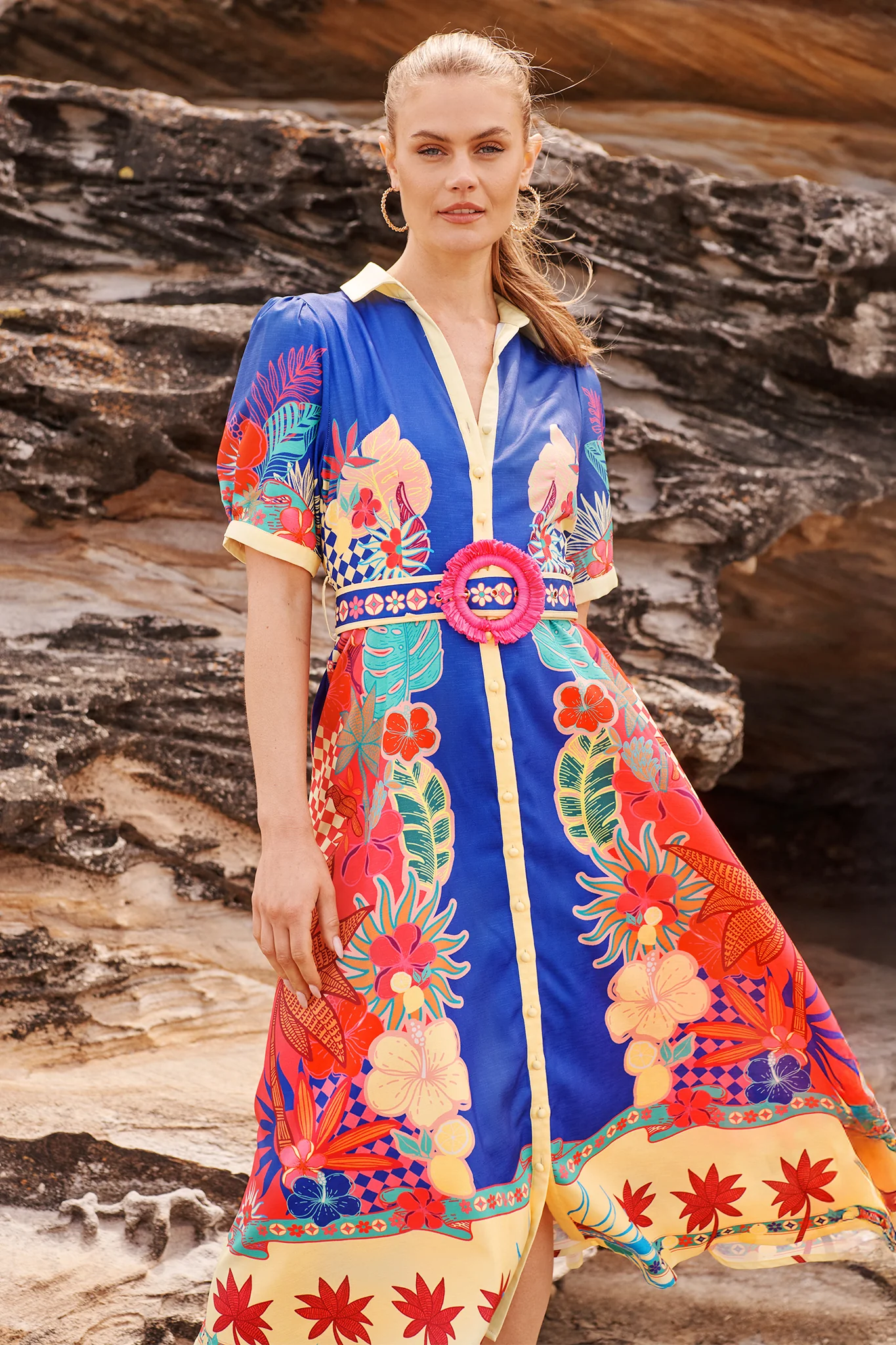 Sunbeam Maxi Shirt Dress in Blue with Multi Print Linen Blend - Image 3