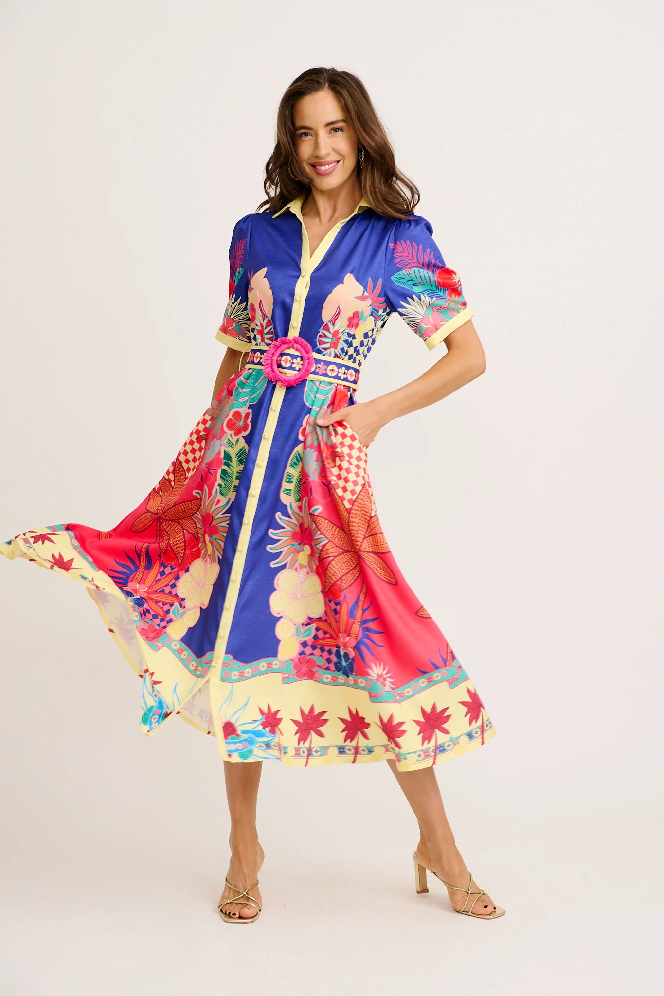 Sunbeam Maxi Shirt Dress in Blue with Multi Print Linen Blend - Image 4