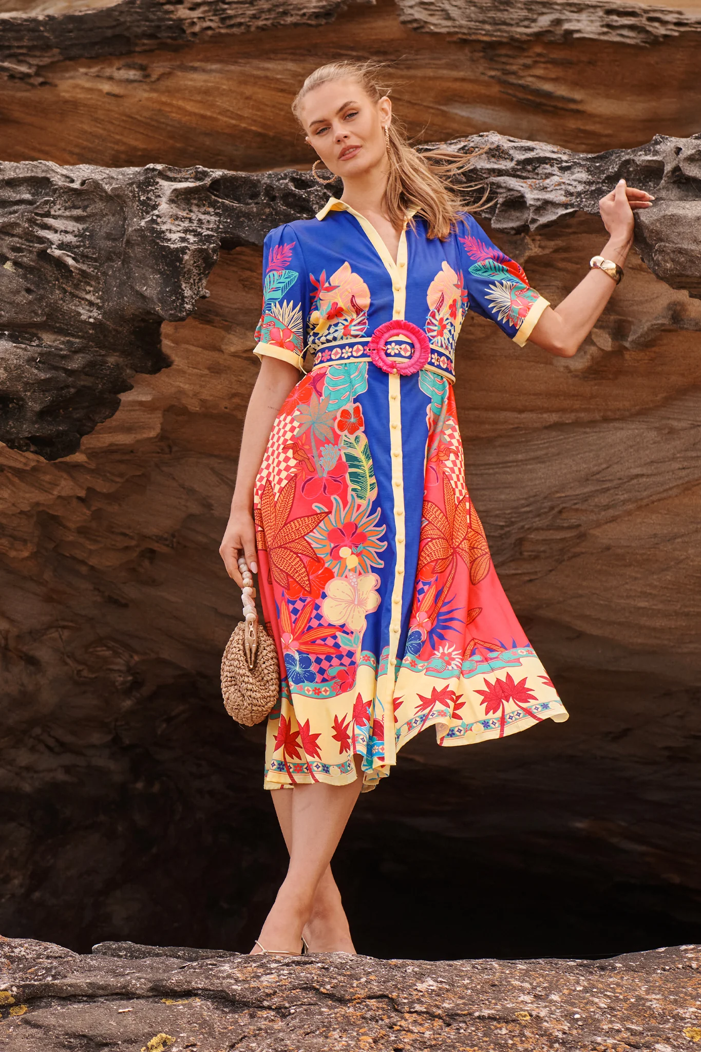 Sunbeam Maxi Shirt Dress in Blue with Multi Print Linen Blend - Image 7